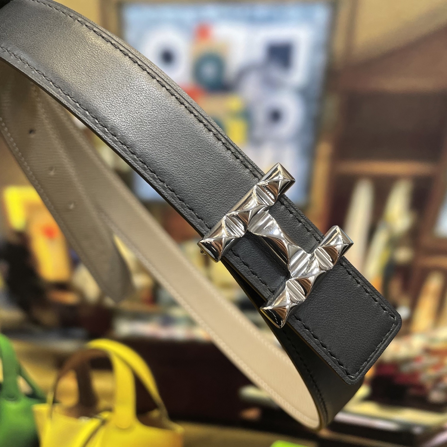 Luxury Taupe Leather Belt with Studded Silver H Buckle