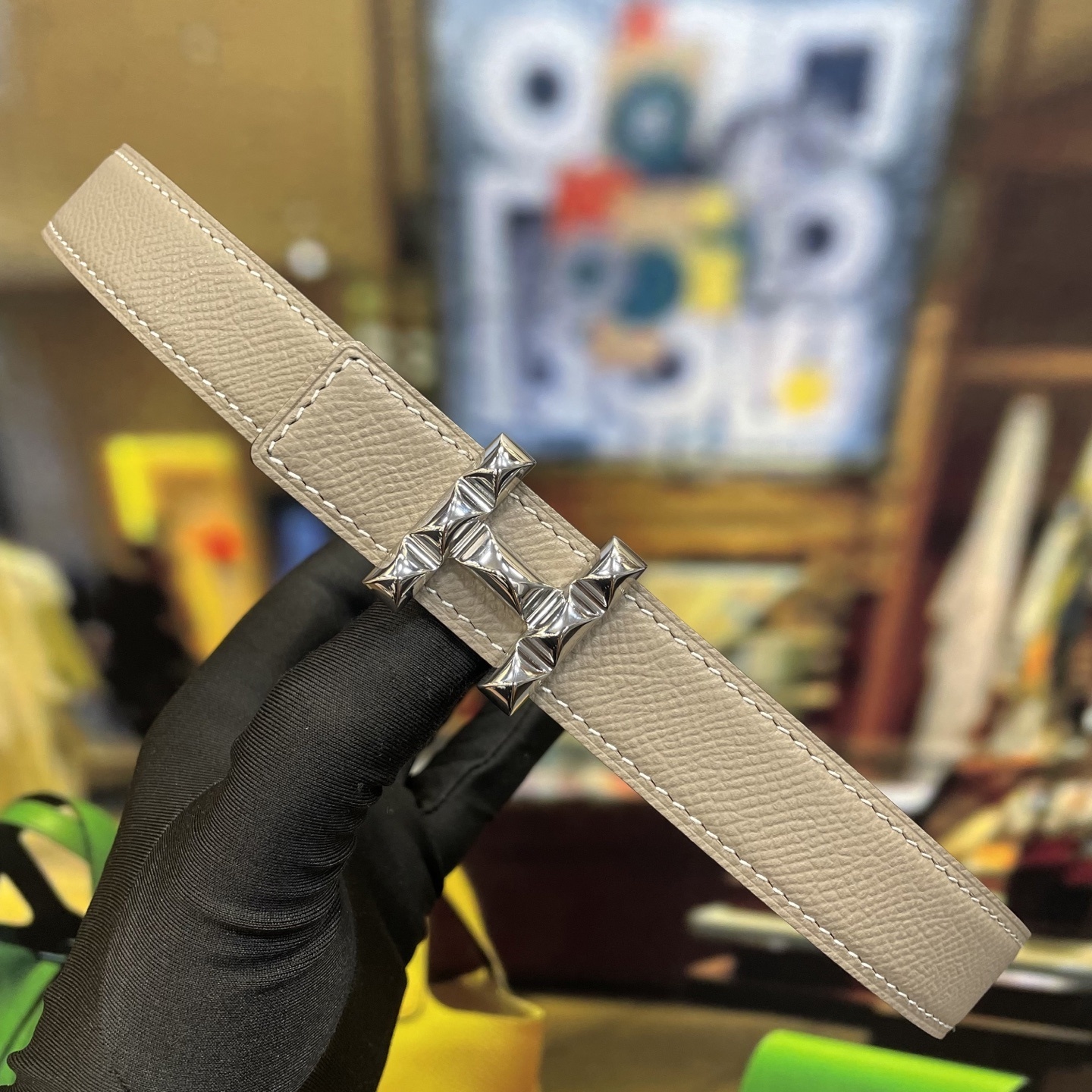 Luxury Taupe Leather Belt with Studded Silver H Buckle