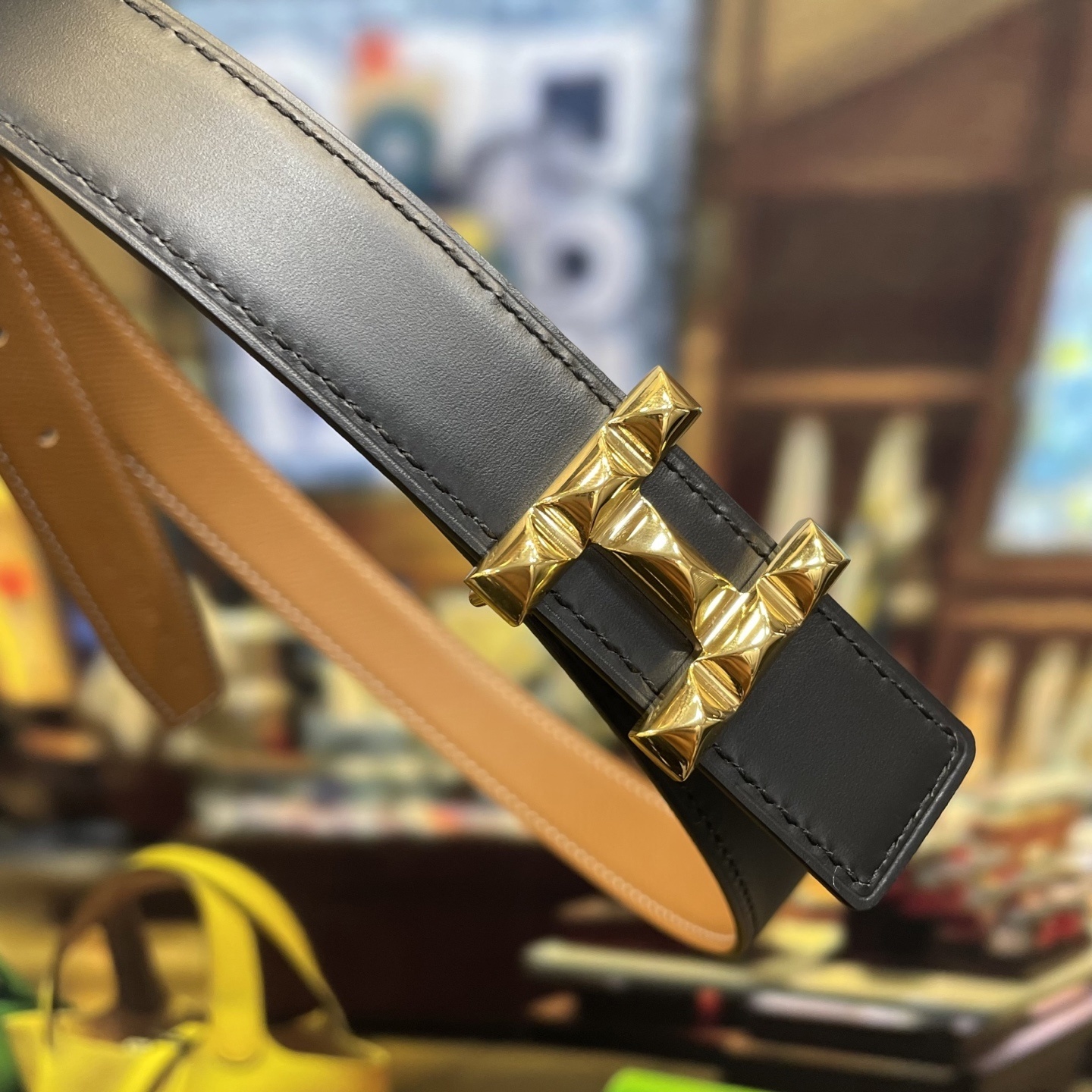 Luxury Tan Grained Leather Belt with Studded Gold H Buckle