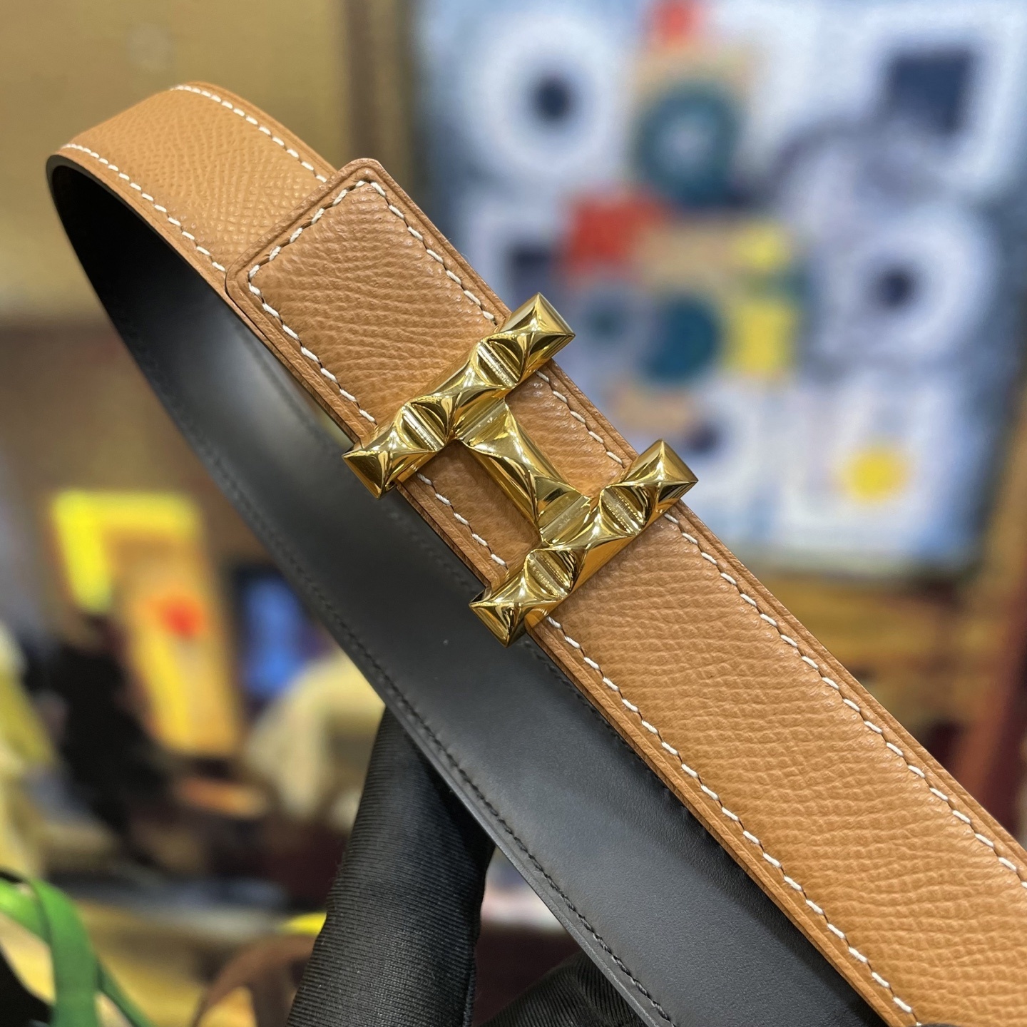 Luxury Tan Grained Leather Belt with Studded Gold H Buckle