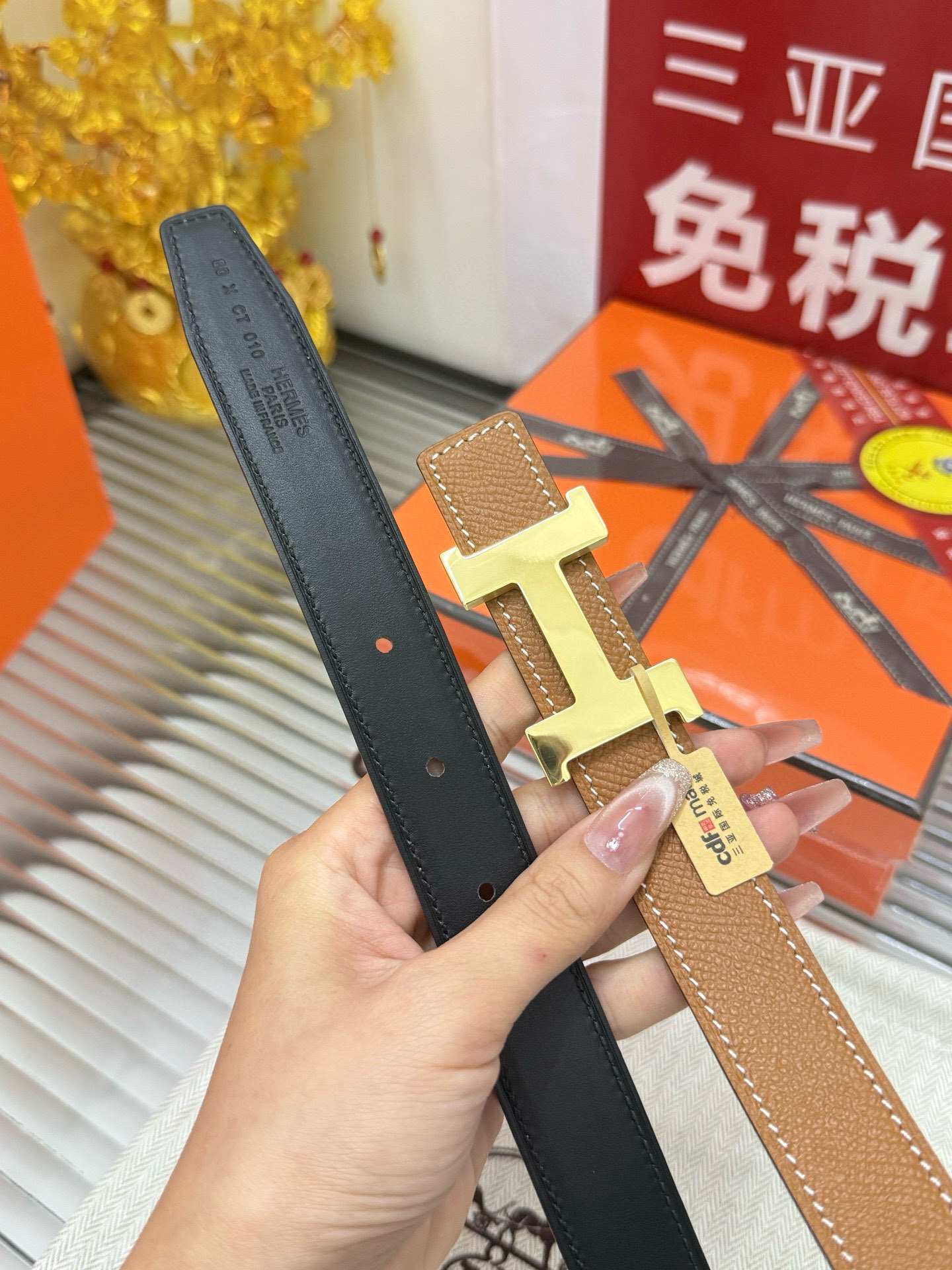 Luxury Designer H Buckle Leather Belt - Tan with White Stitching