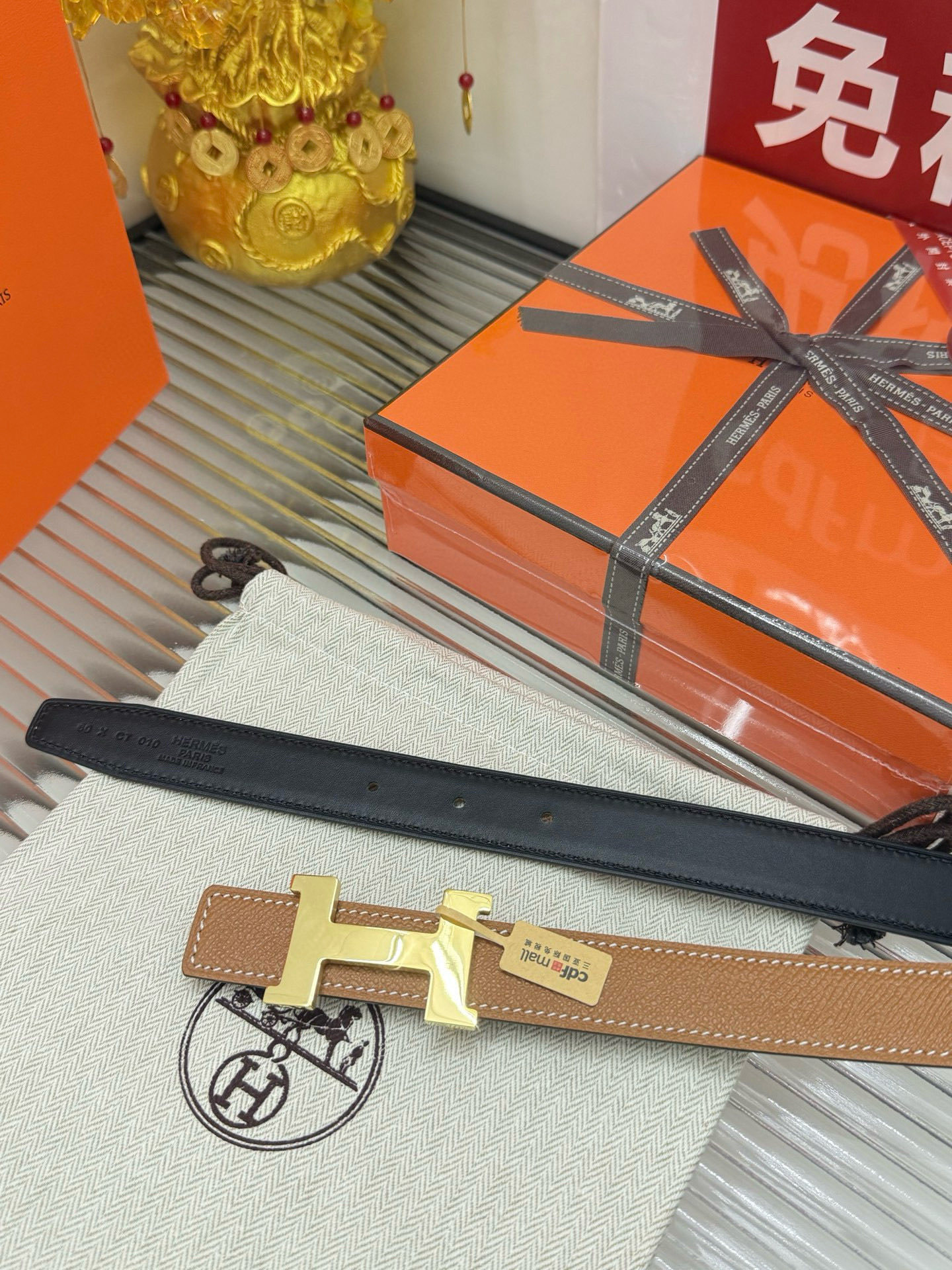 Luxury Designer H Buckle Leather Belt - Tan with White Stitching