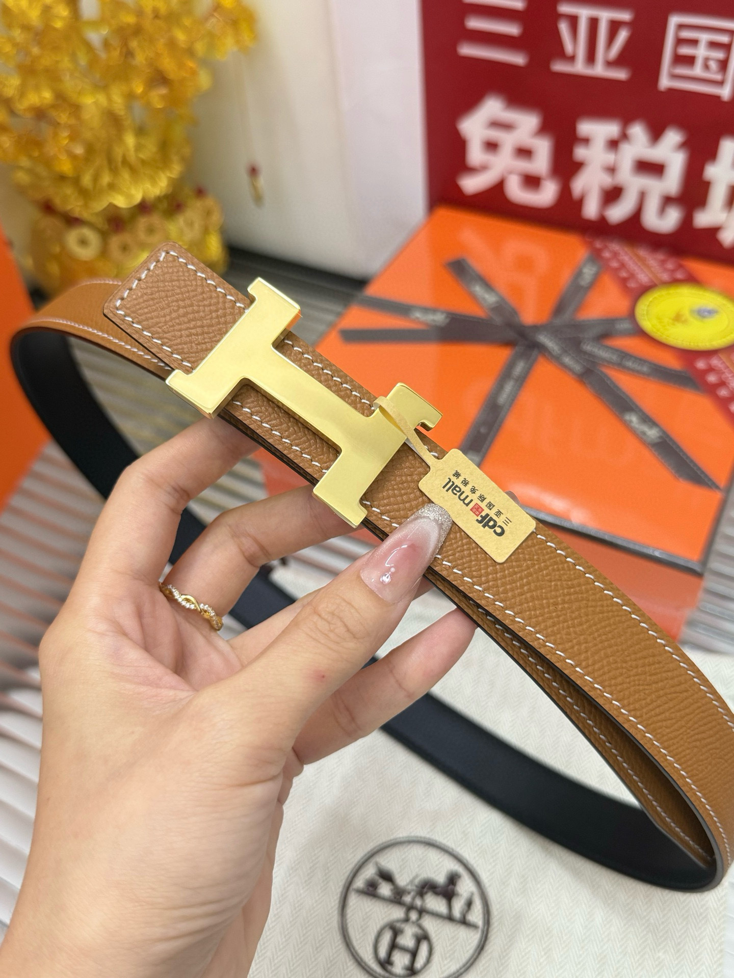 Luxury Designer H Buckle Leather Belt - Tan with White Stitching