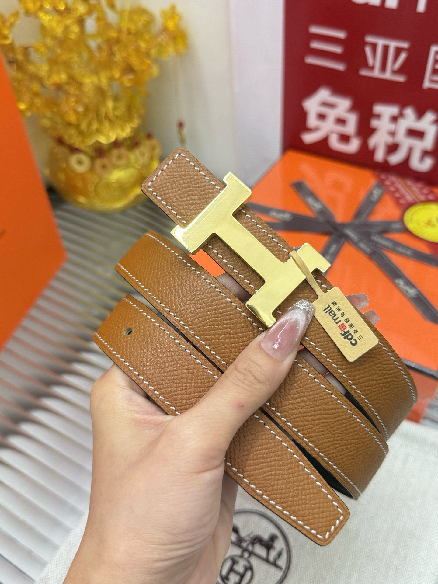 Luxury Designer H Buckle Leather Belt - Tan with White Stitching