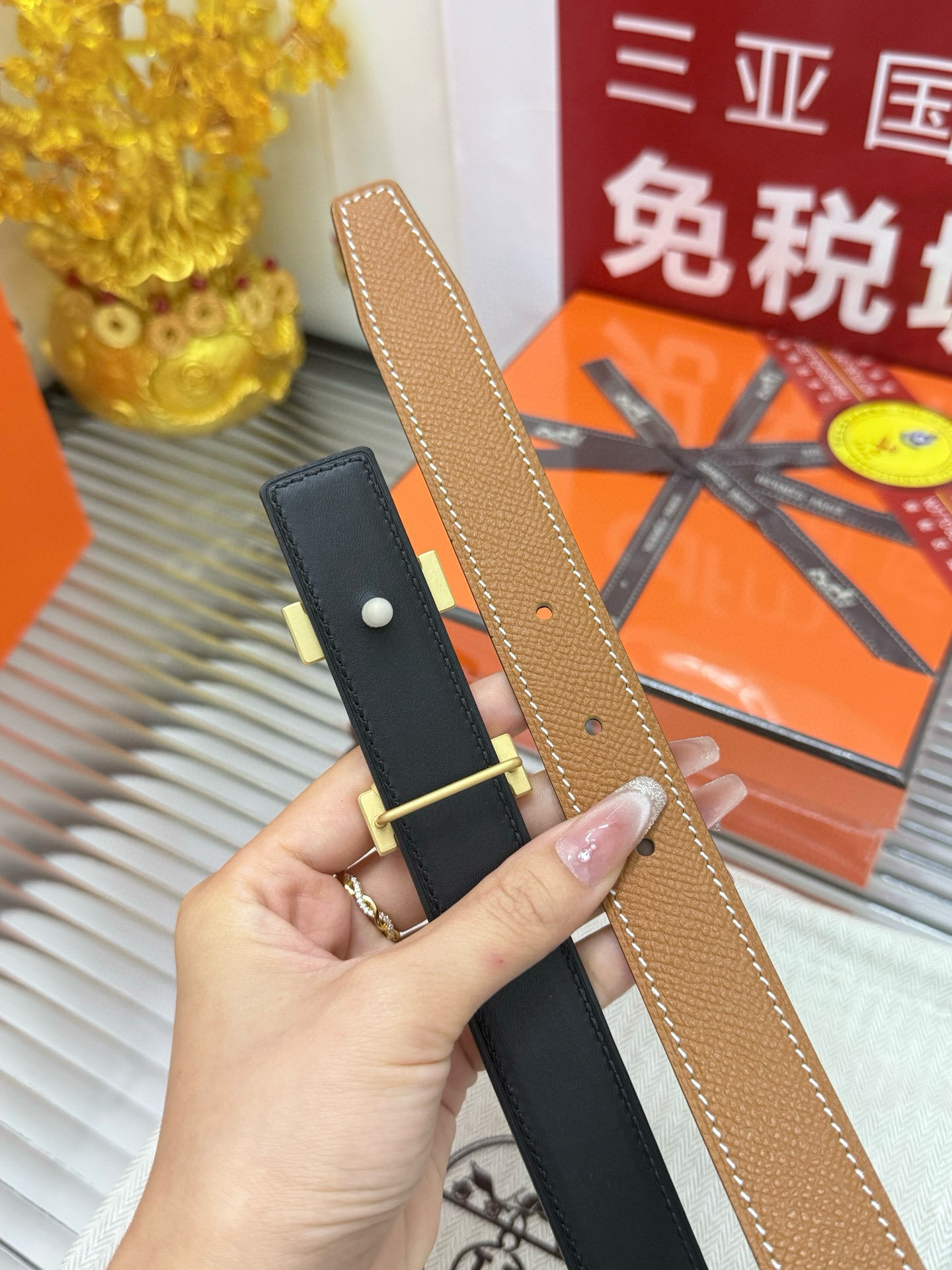 Luxury Designer H Buckle Leather Belt - Tan with White Stitching