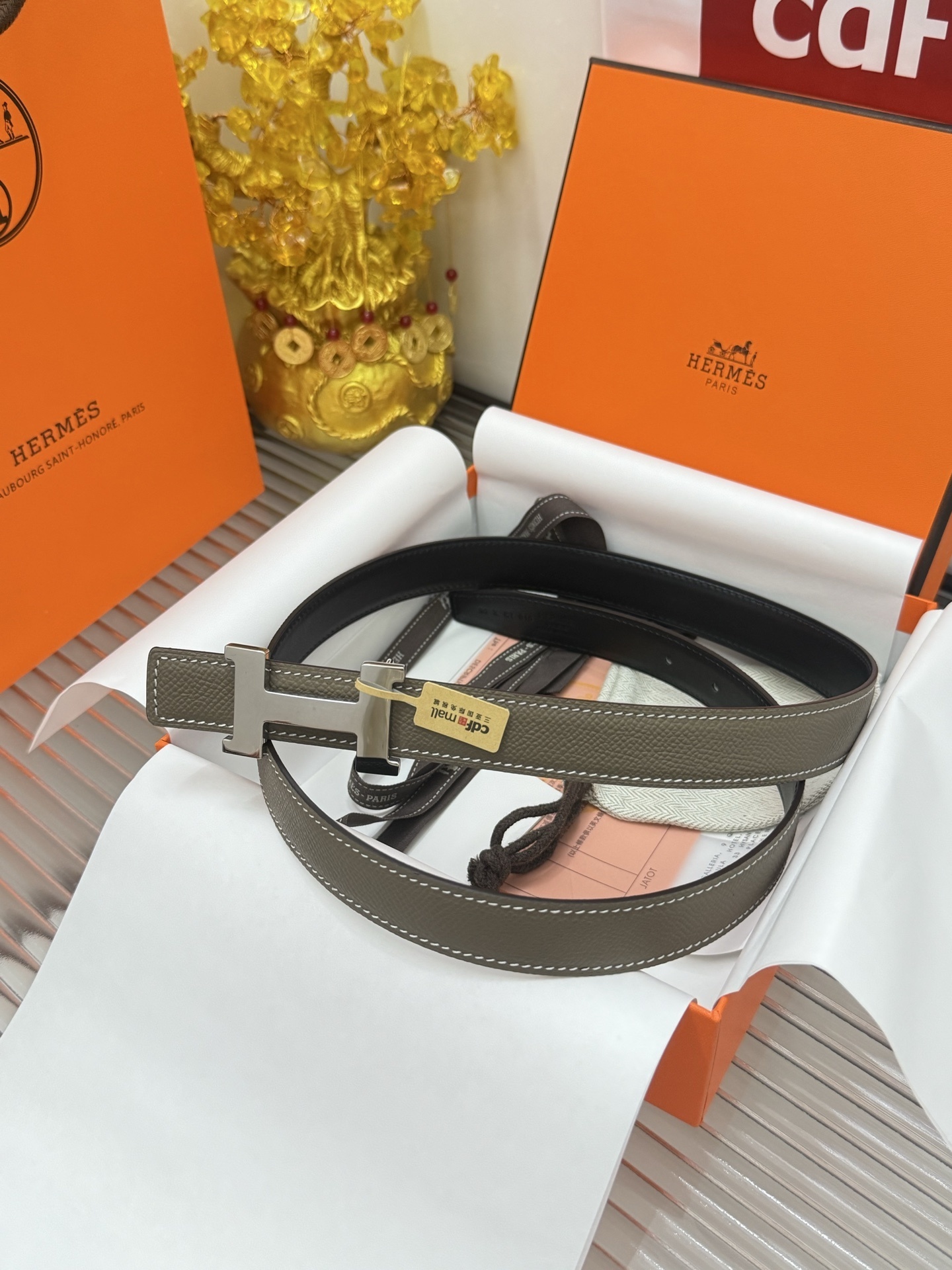 Hermes Reversible H Belt Etoupe/Black Leather Silver Buckle