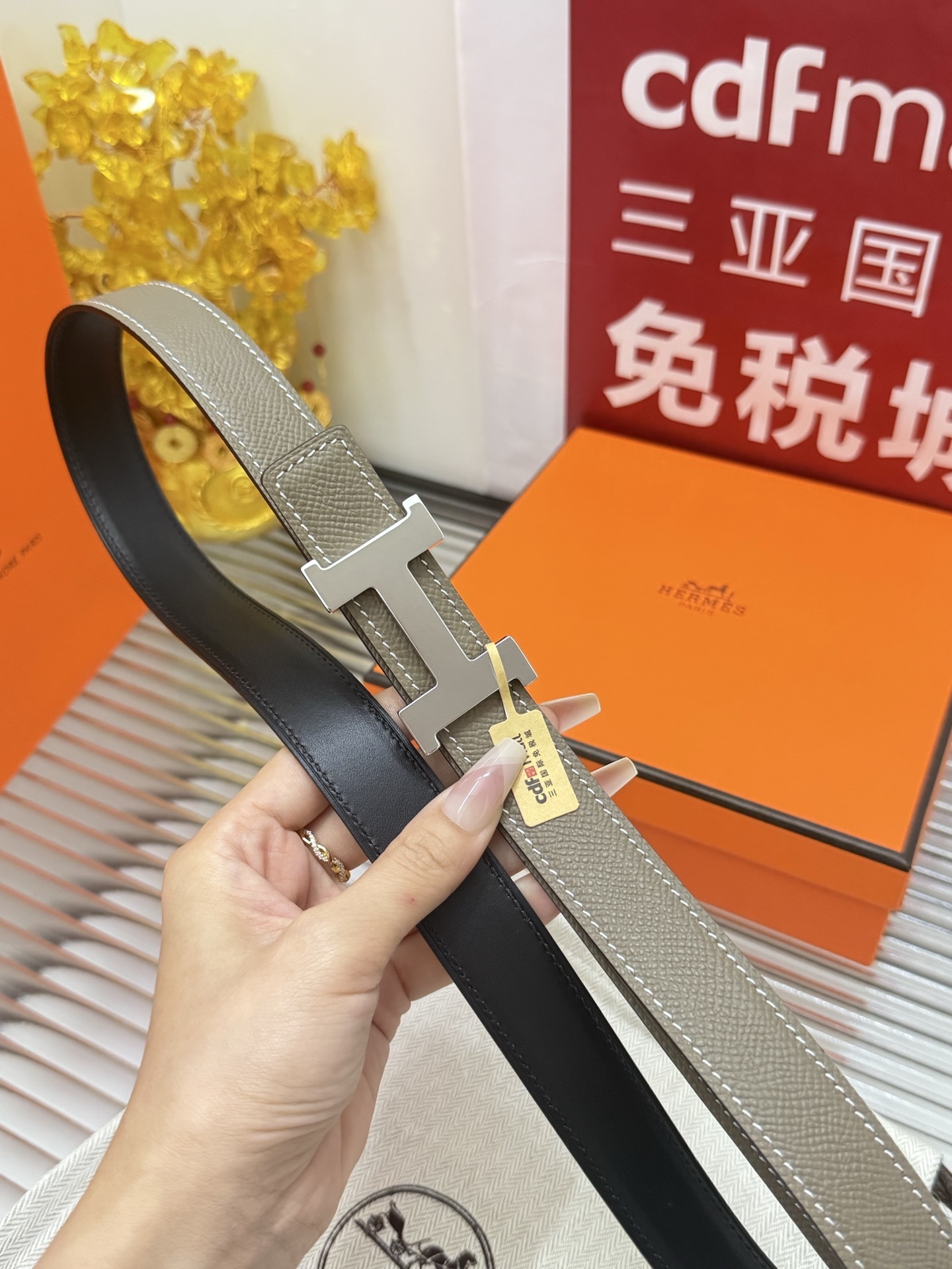 Hermes Reversible H Belt Etoupe/Black Leather Silver Buckle