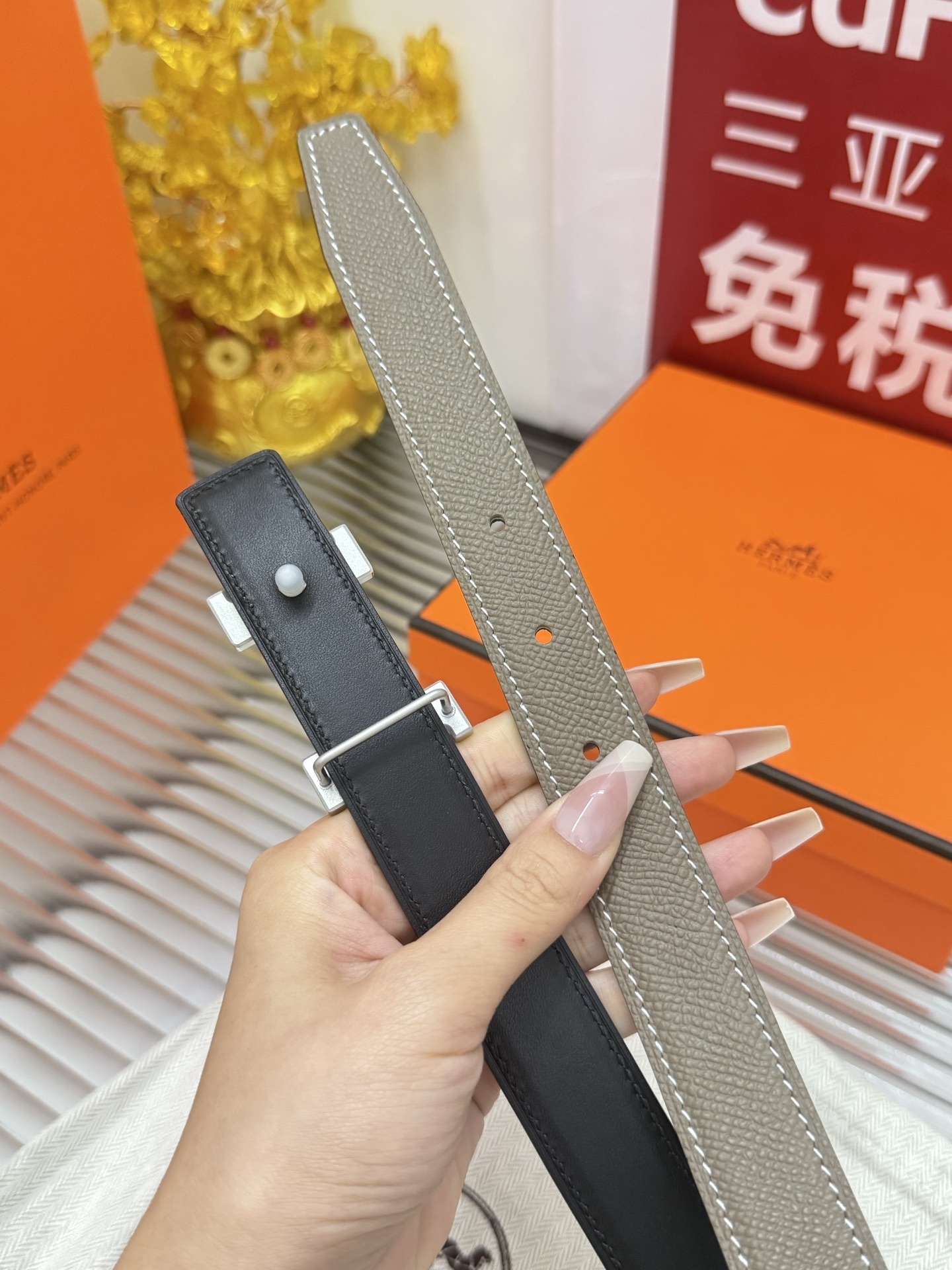 Hermes Reversible H Belt Etoupe/Black Leather Silver Buckle