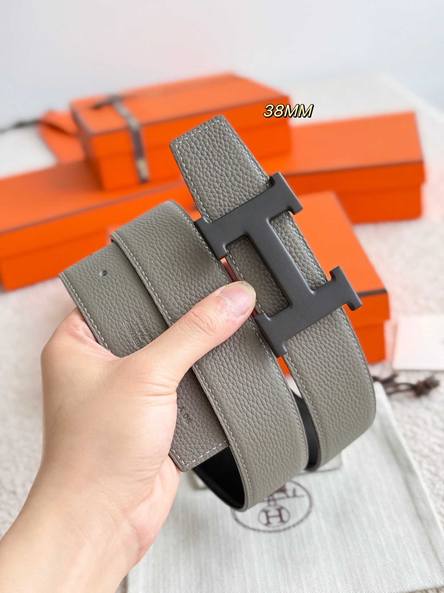 Luxury H 5382 Reversible Leather Belt 38mm - Grey & Black