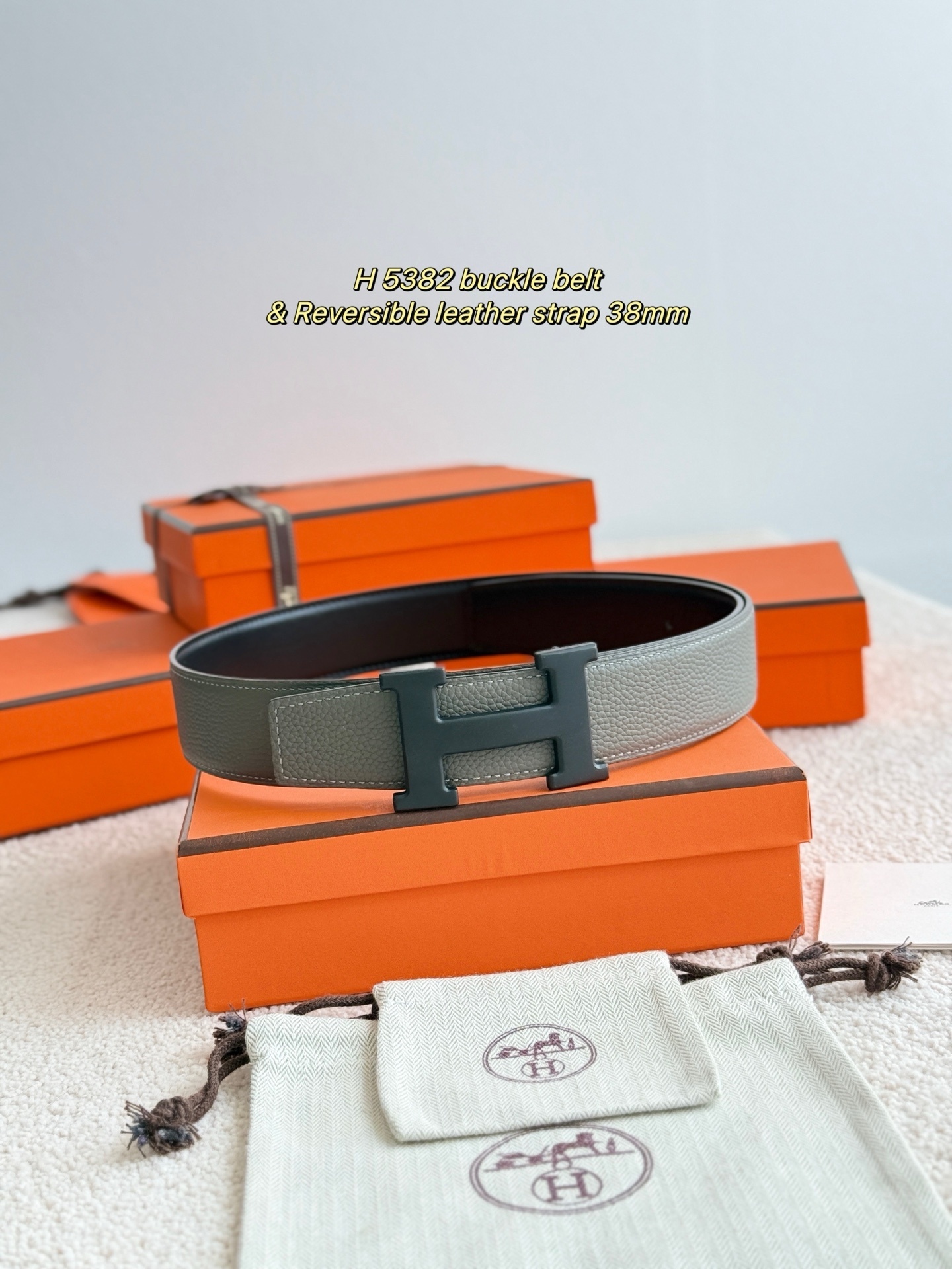 Luxury H 5382 Reversible Leather Belt 38mm – Grey & Black