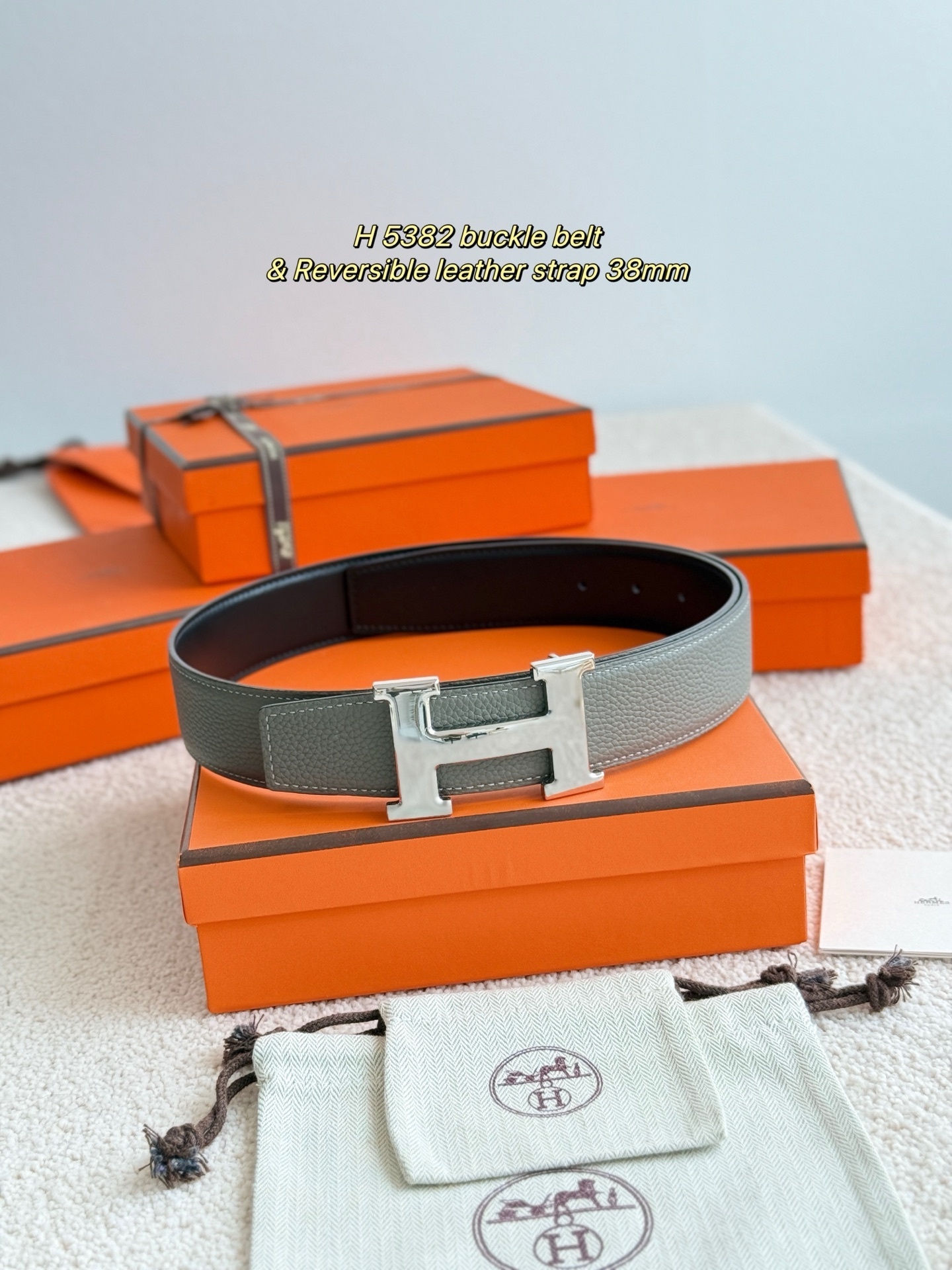 Premium H 5382 Silver Buckle Belt – 38mm Reversible Leather Strap