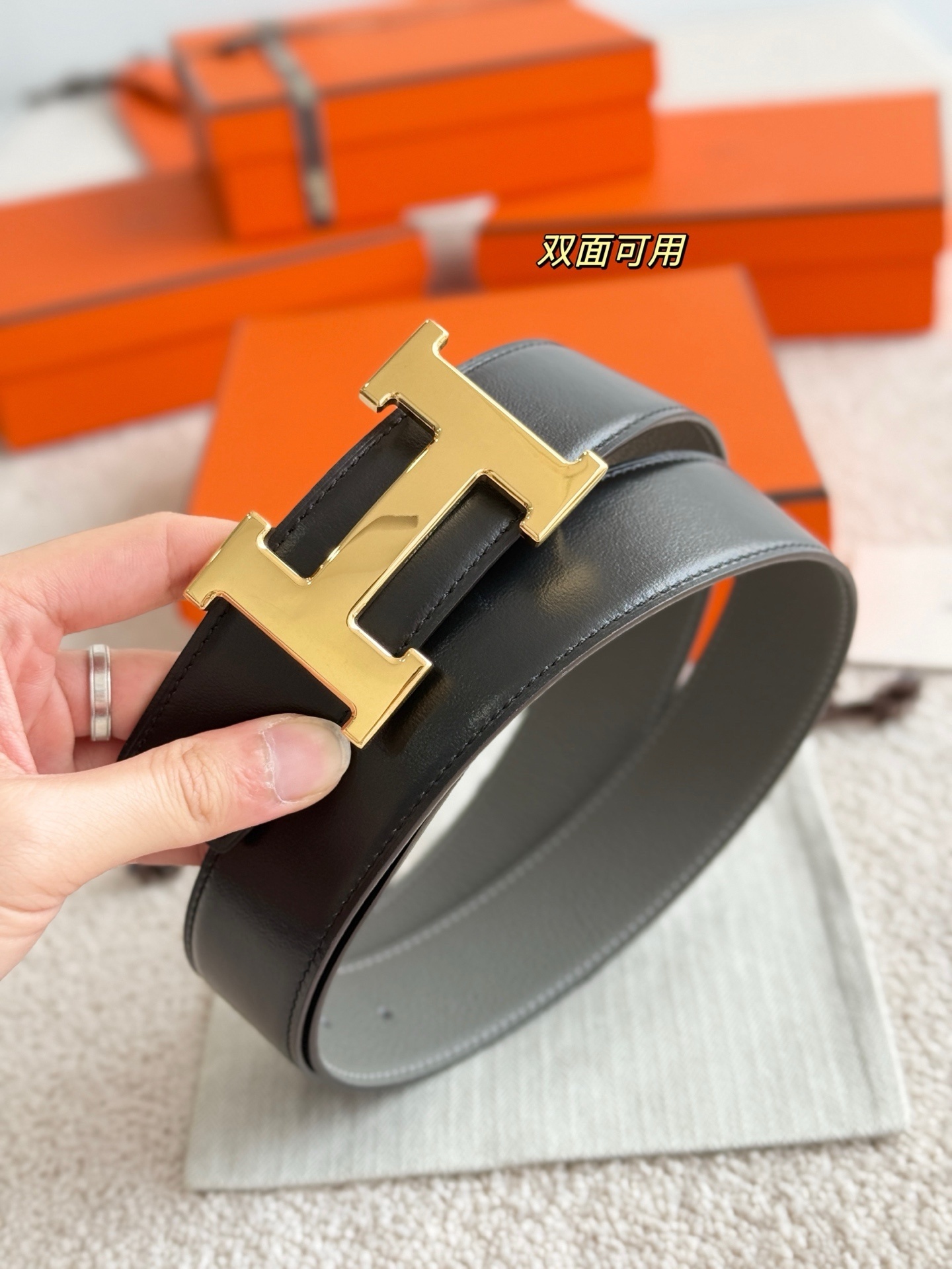 Luxury H 5382 Gold Buckle Reversible Leather Belt - 38mm