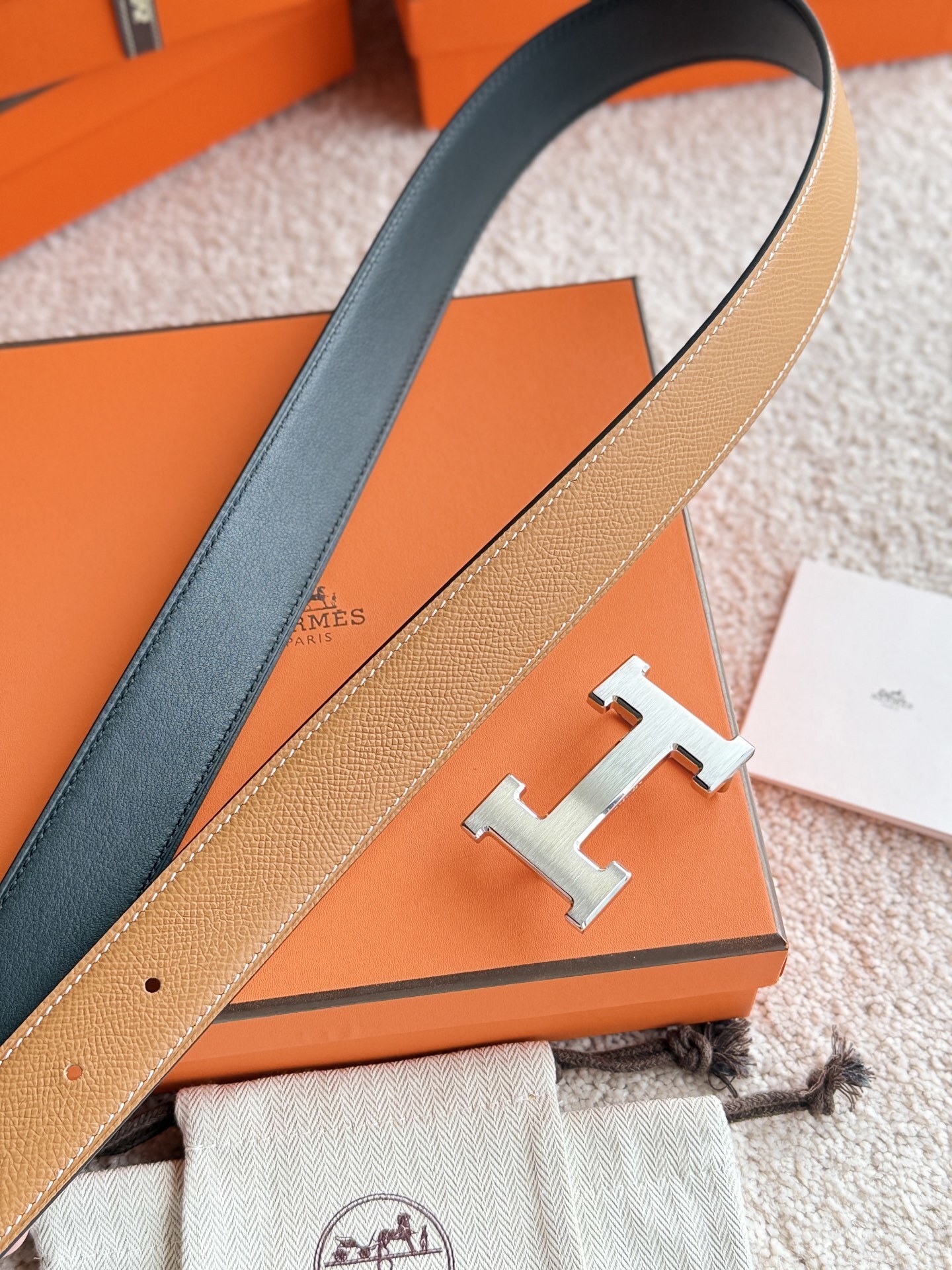 Hermes 32mm Reversible Leather Belt with Silver H Buckle