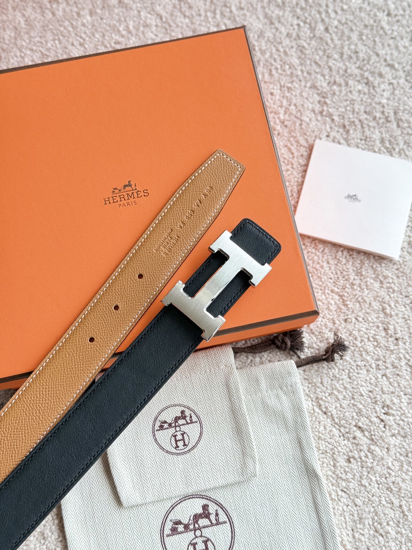 Hermes 32mm Reversible Leather Belt with Silver H Buckle