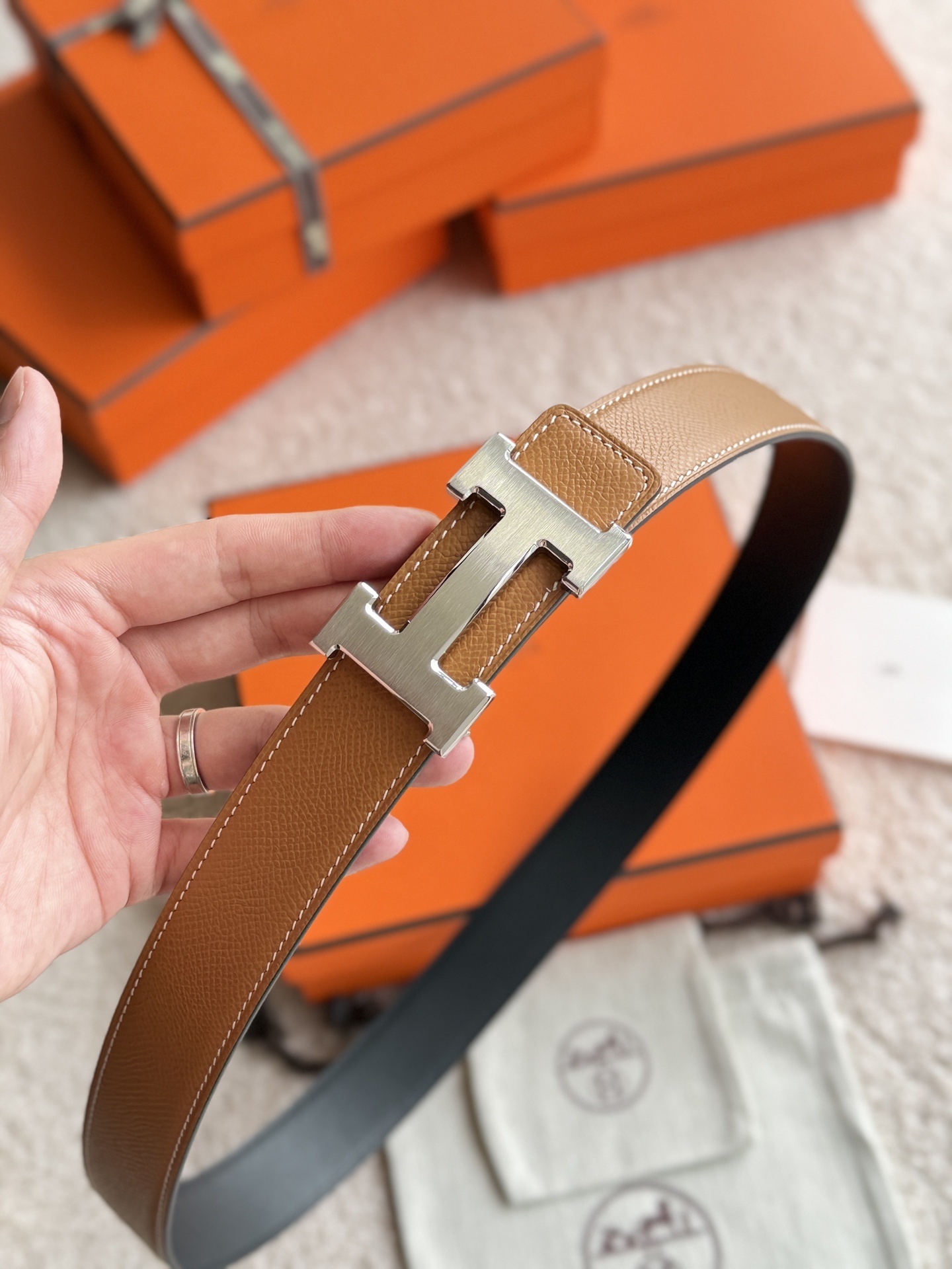 Hermes 32mm Reversible Leather Belt with Silver H Buckle