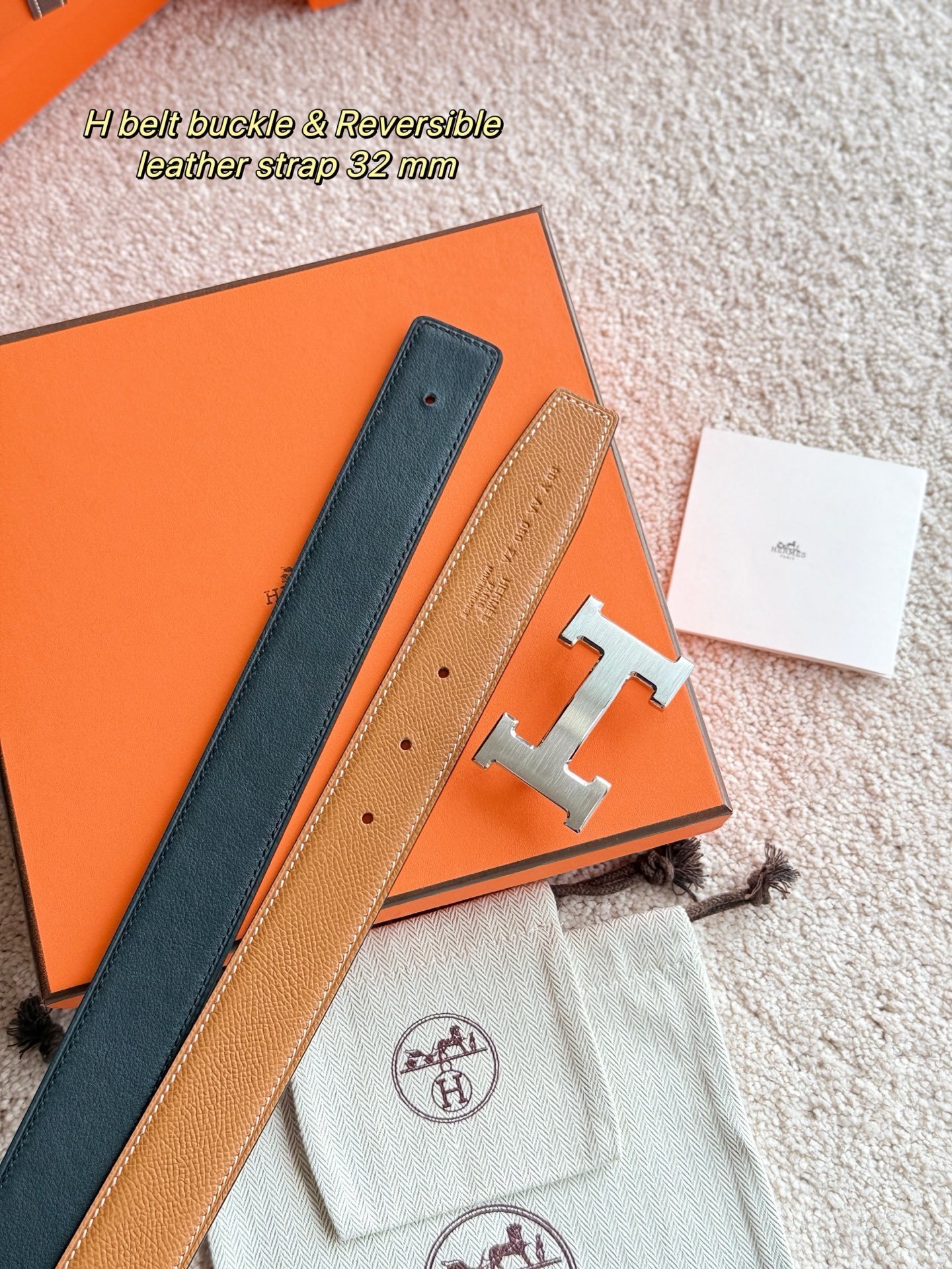 Hermes 32mm Reversible Leather Belt with Silver H Buckle