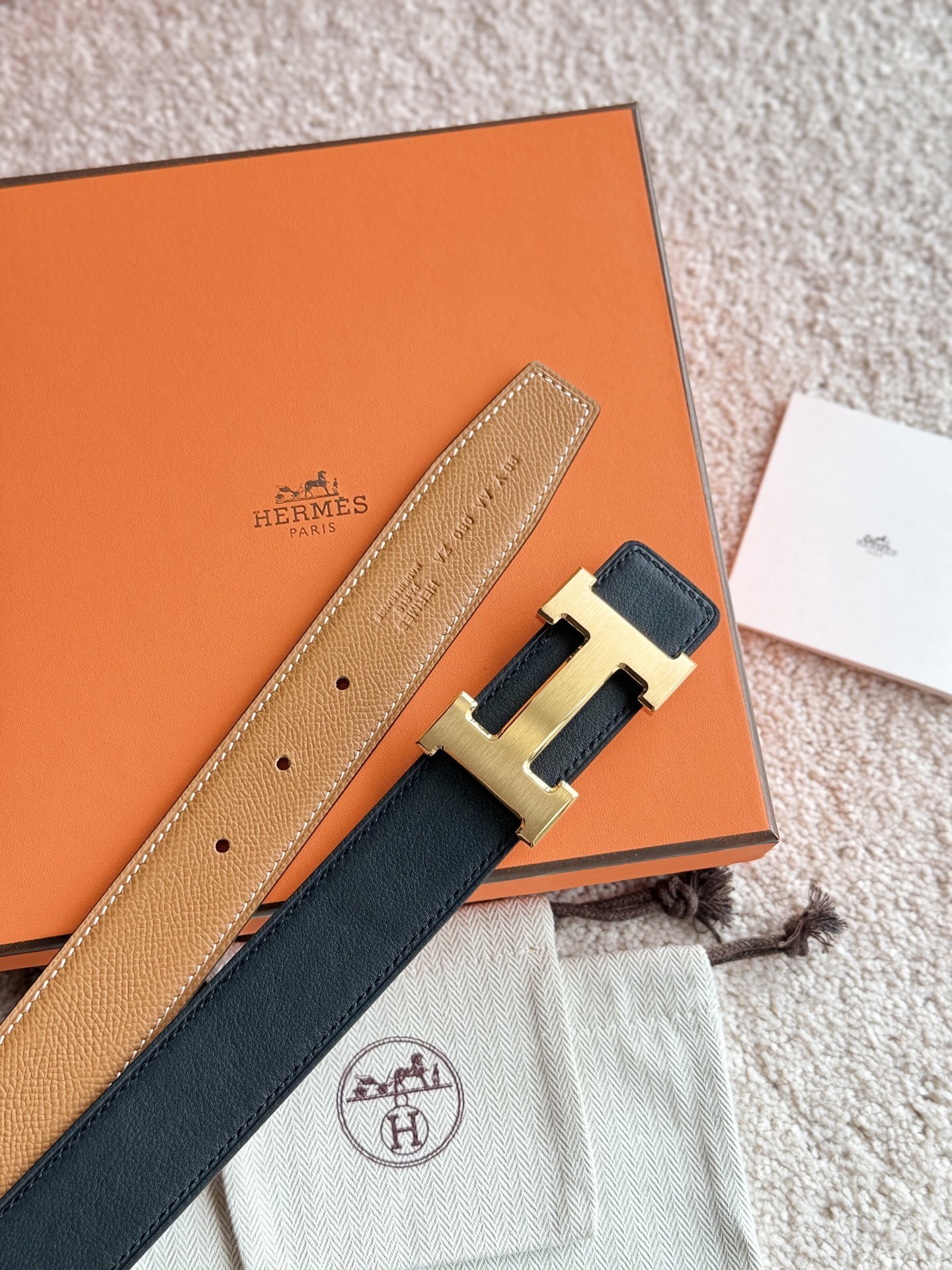Hermes 32mm Reversible Leather Belt with Gold H Buckle