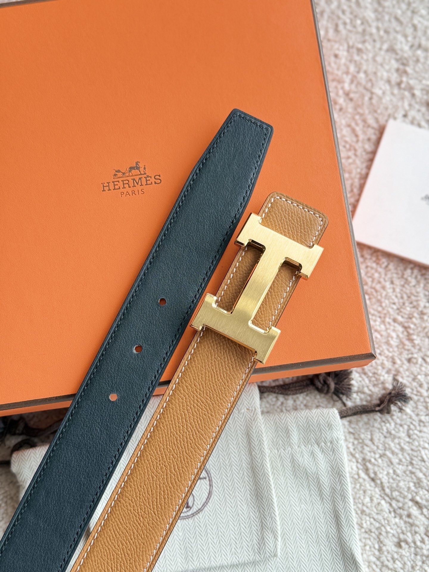 Hermes 32mm Reversible Leather Belt with Gold H Buckle