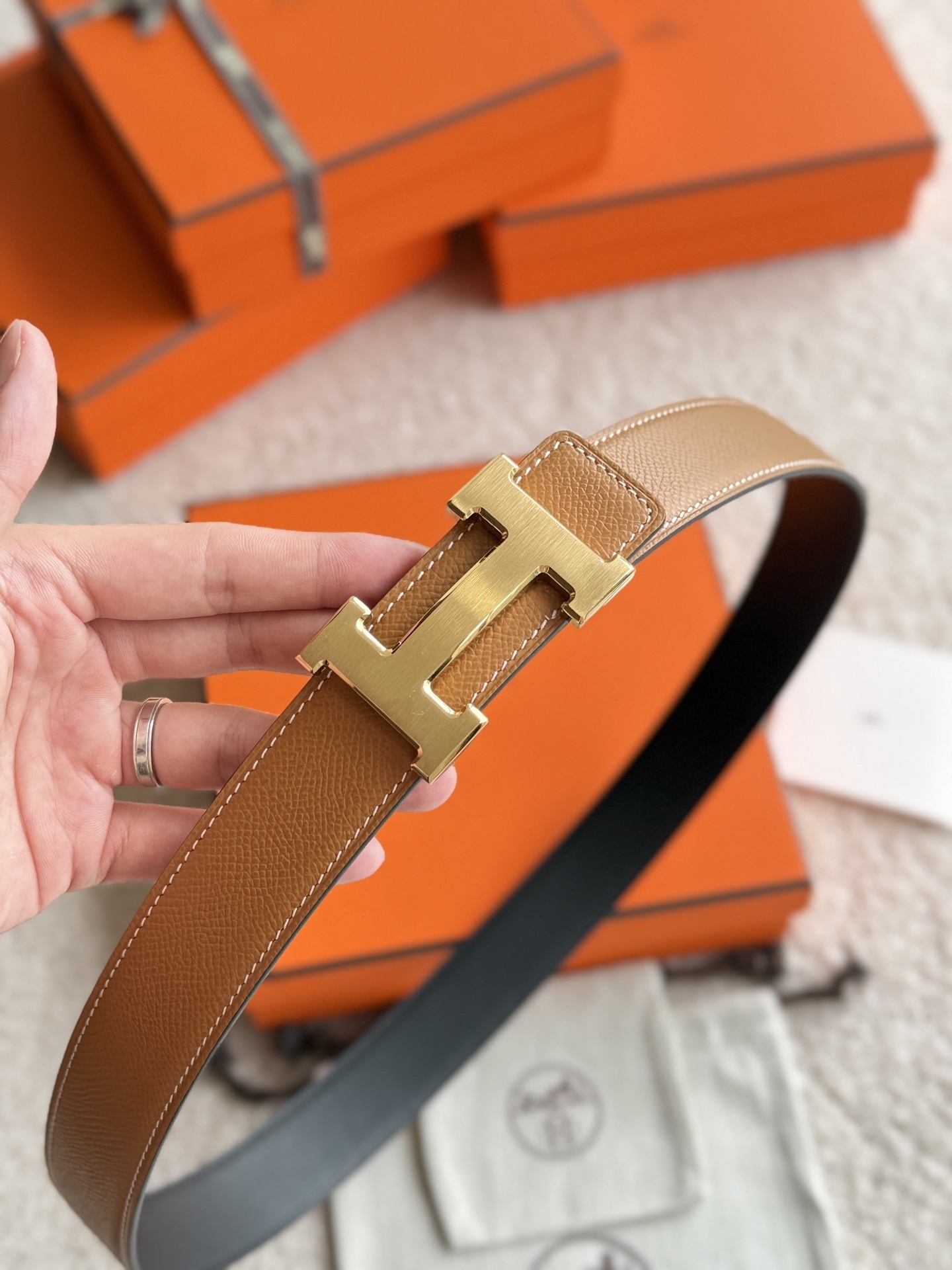Hermes 32mm Reversible Leather Belt with Gold H Buckle