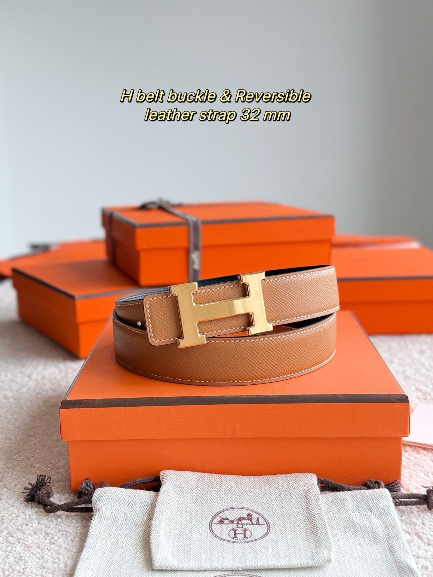 Hermes 32mm Reversible Leather Belt with Gold H Buckle