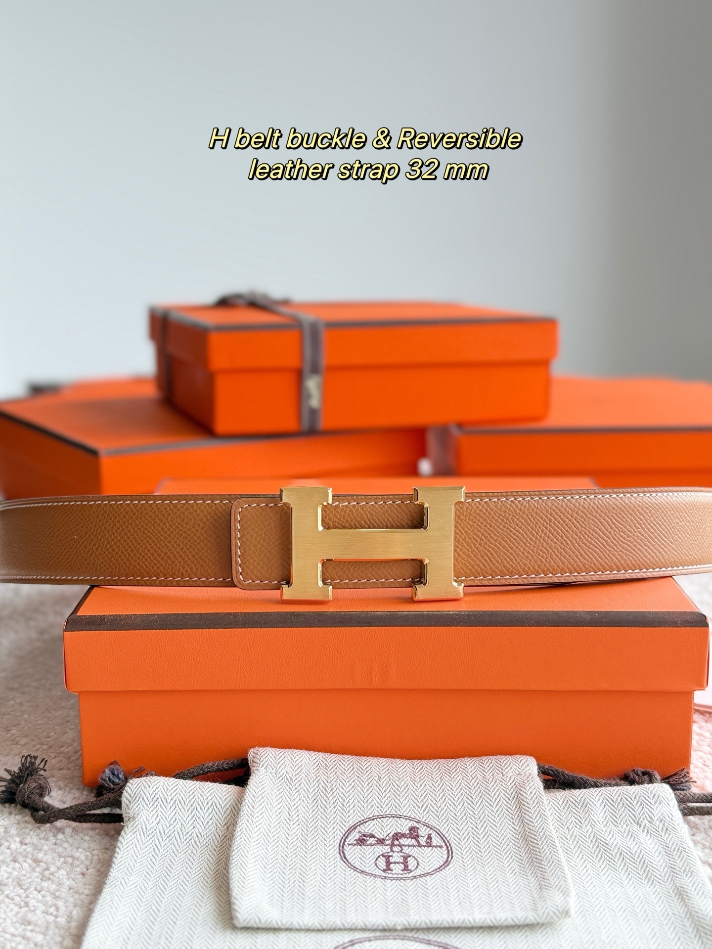 Hermes 32mm Reversible Leather Belt with Gold H Buckle