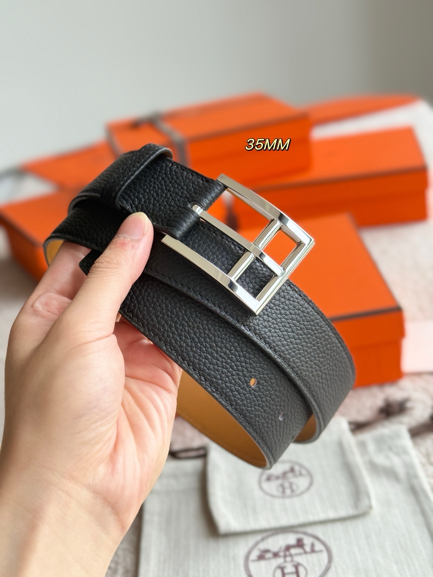 Hermès Romain 35 Reversible Leather Belt with Silver Buckle