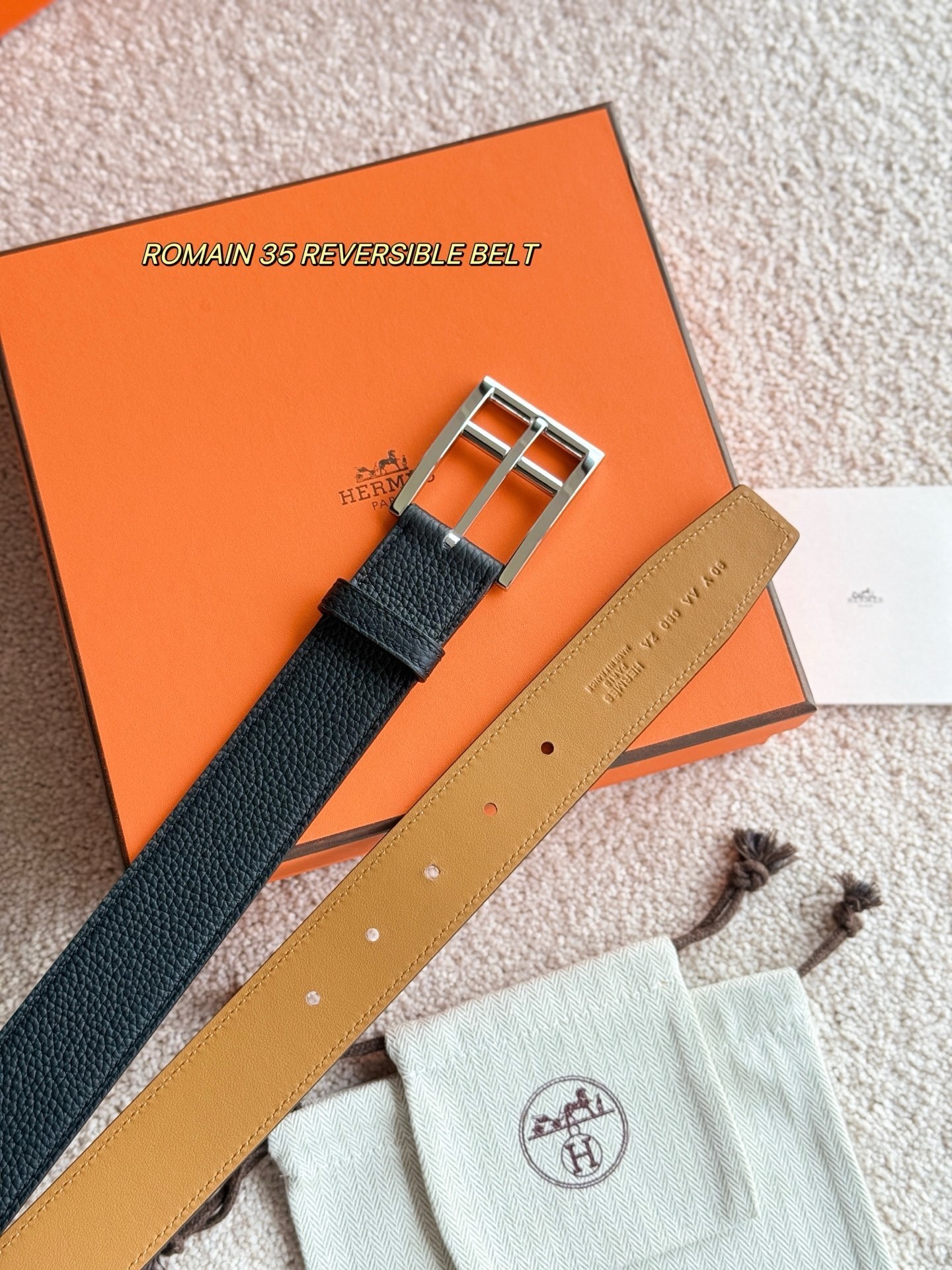 Hermès Romain 35 Reversible Leather Belt with Silver Buckle