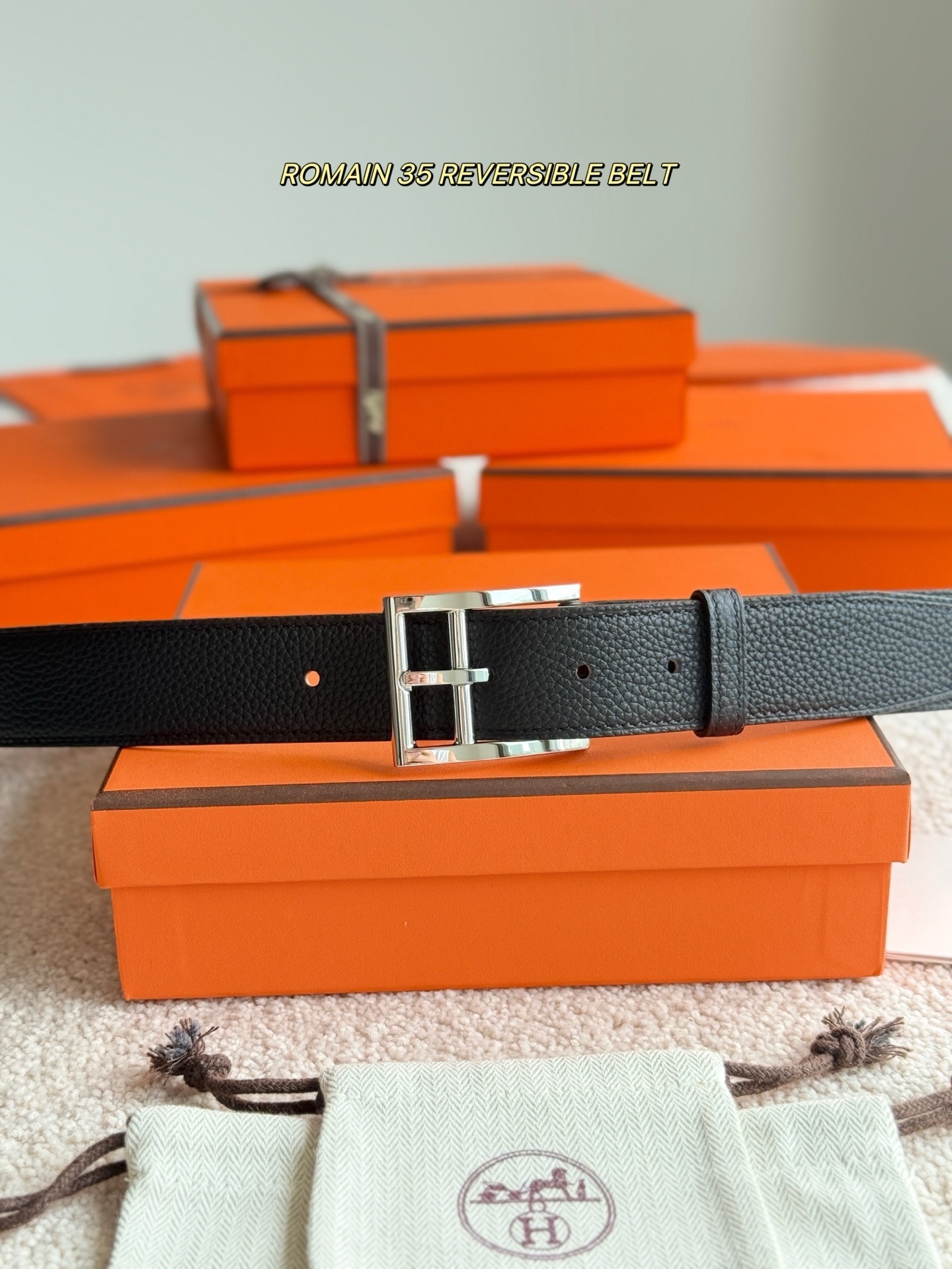 Hermès Romain 35 Reversible Leather Belt with Silver Buckle