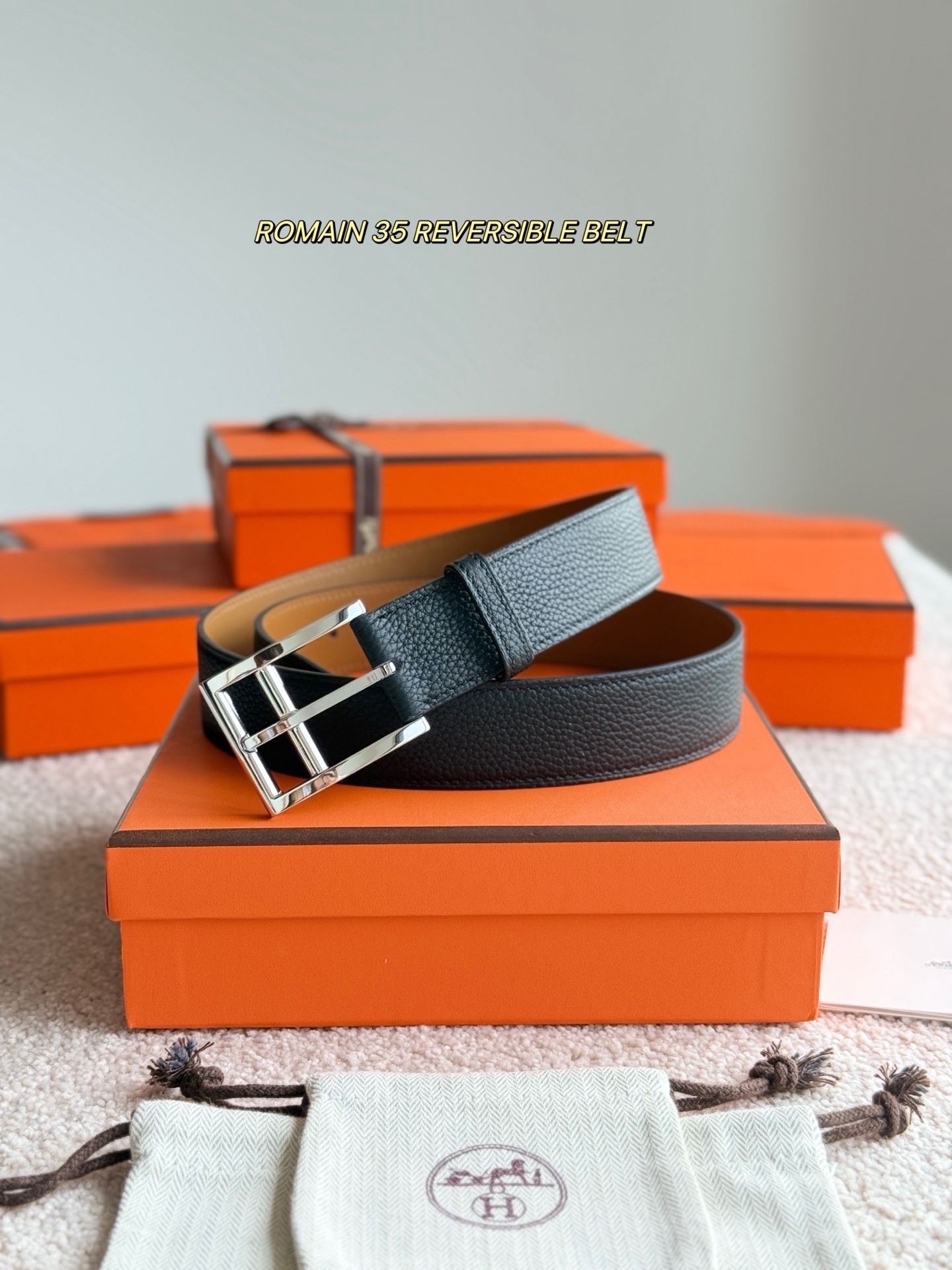 Hermès Romain 35 Reversible Leather Belt with Silver Buckle