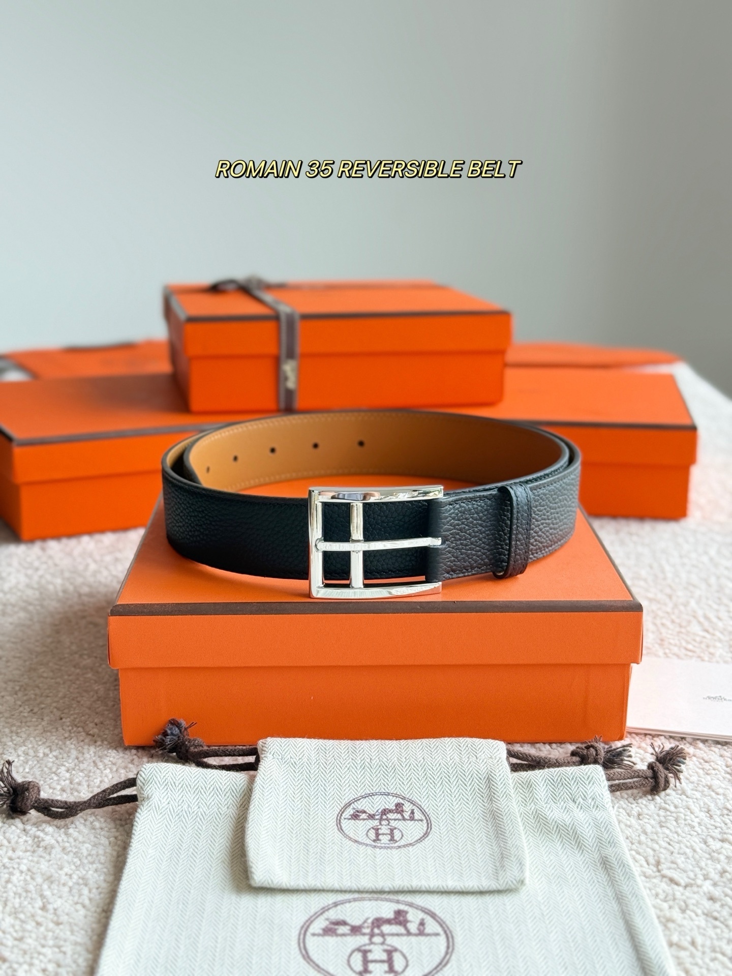 Hermès Romain 35 Reversible Leather Belt with Silver Buckle