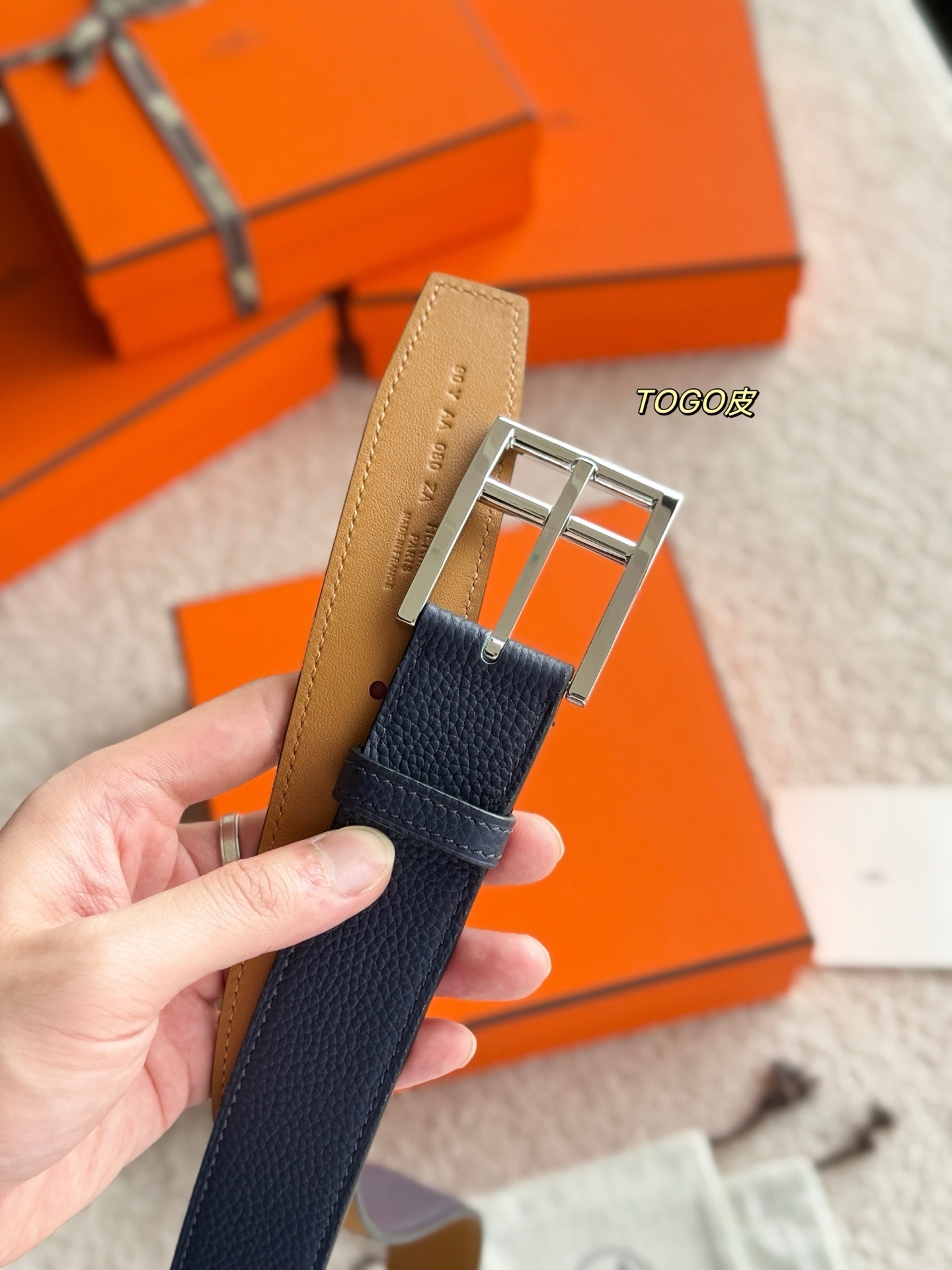Hermès Romain 35 Reversible Leather Belt - Navy Blue & Tan