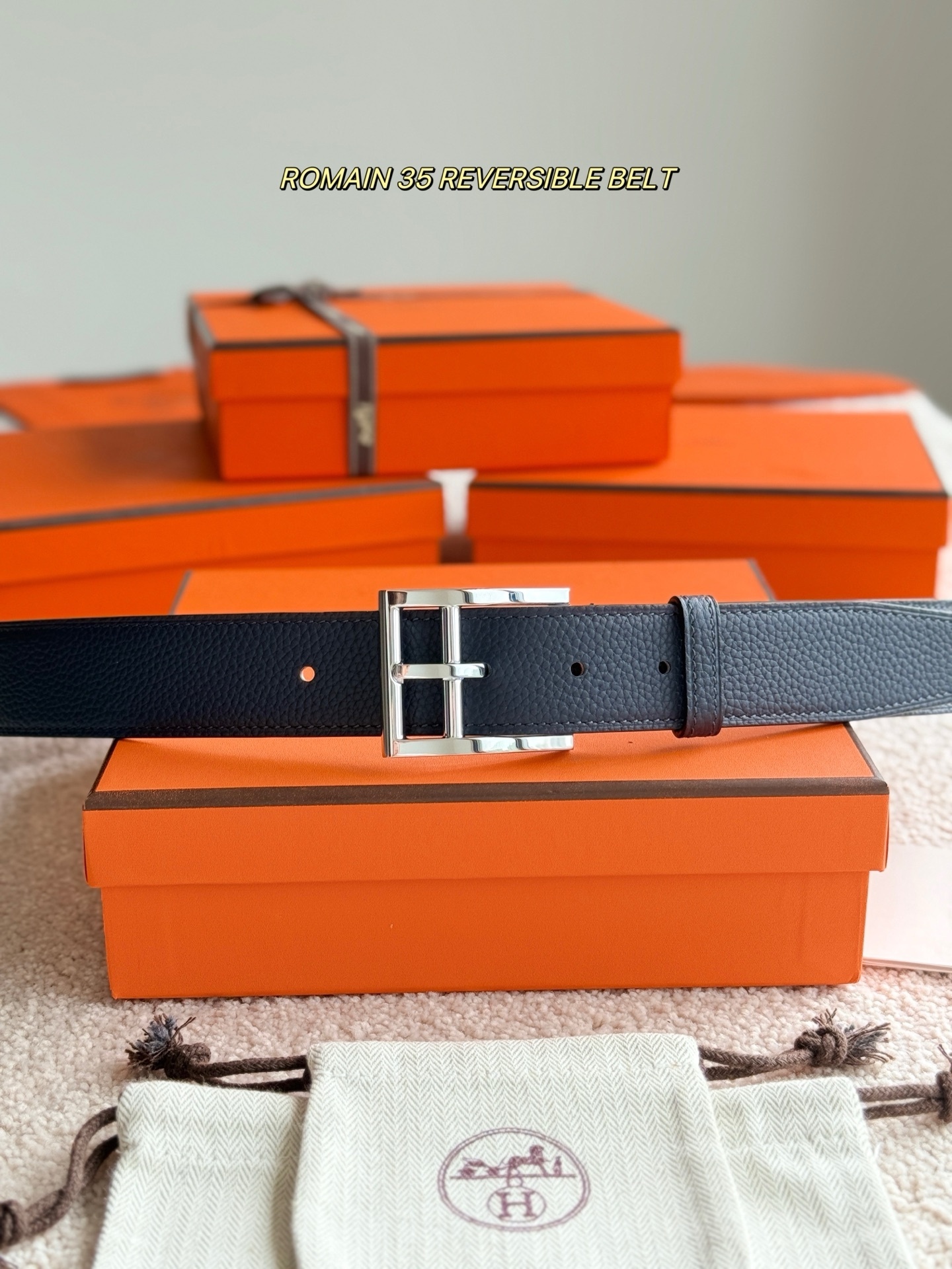 Hermès Romain 35 Reversible Leather Belt - Navy Blue & Tan