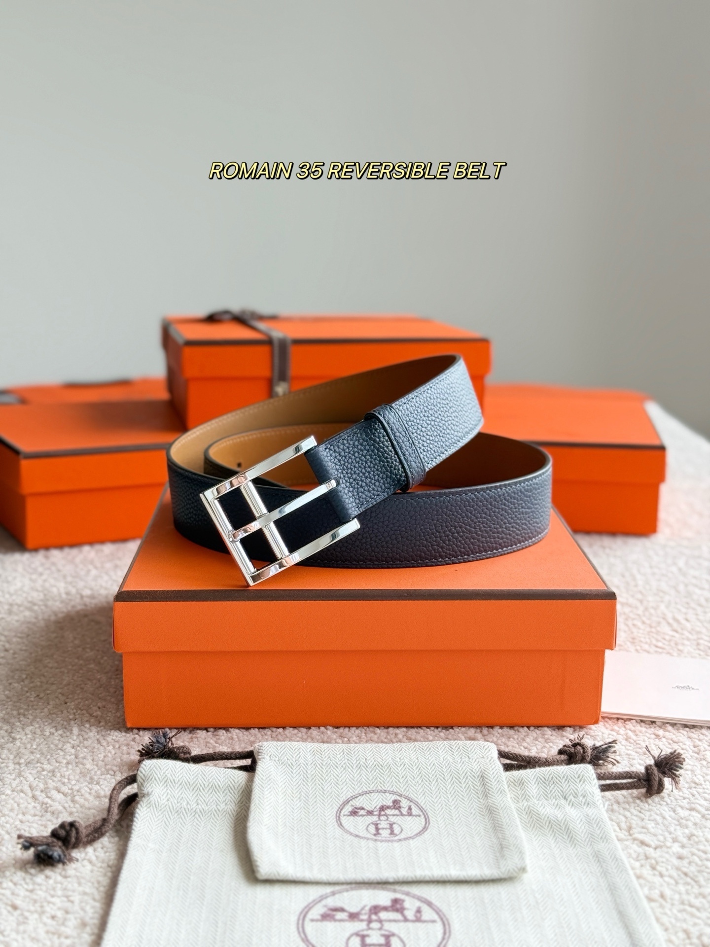 Hermès Romain 35 Reversible Leather Belt - Navy Blue & Tan