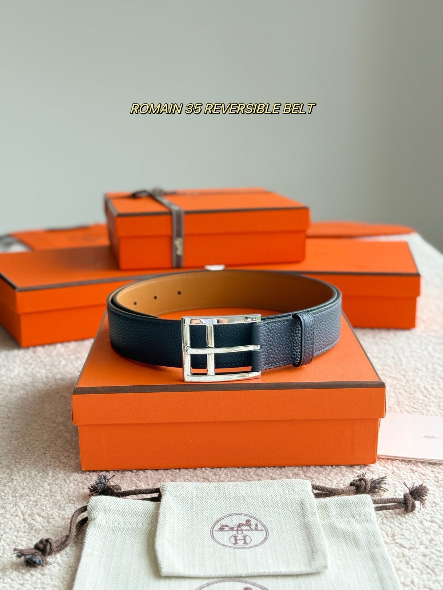 Hermès Romain 35 Reversible Leather Belt – Navy Blue & Tan