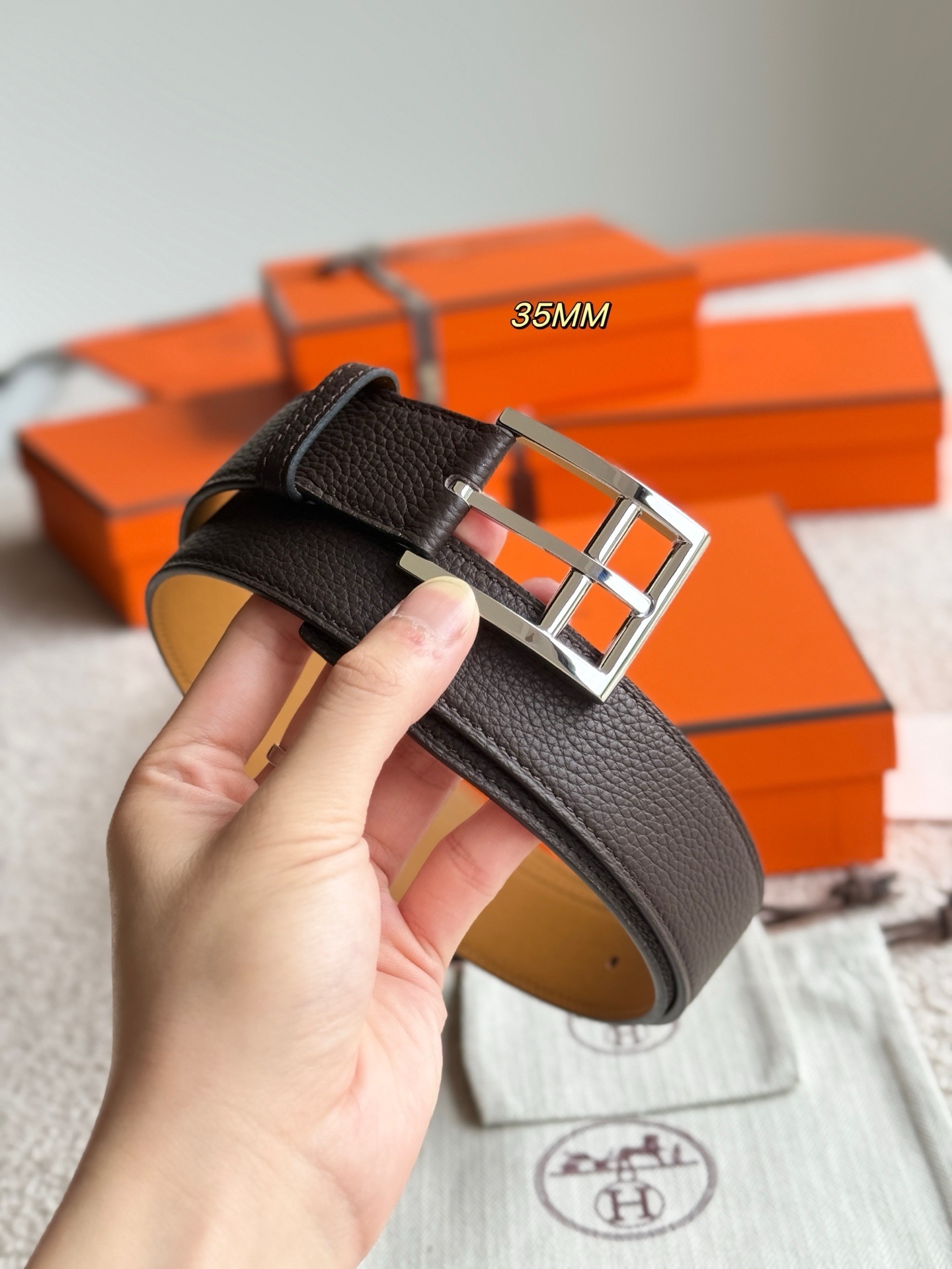 Hermes Romain 35 Reversible Leather Belt with Silver Buckle