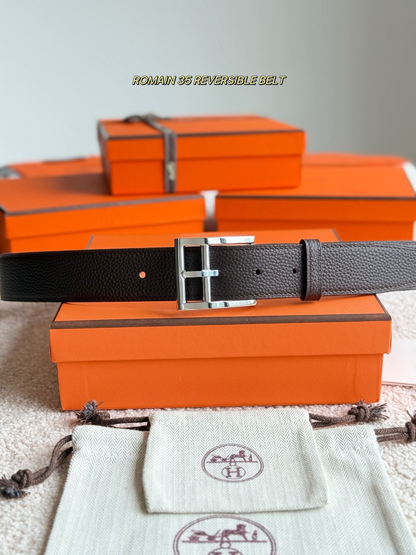 Hermes Romain 35 Reversible Leather Belt with Silver Buckle