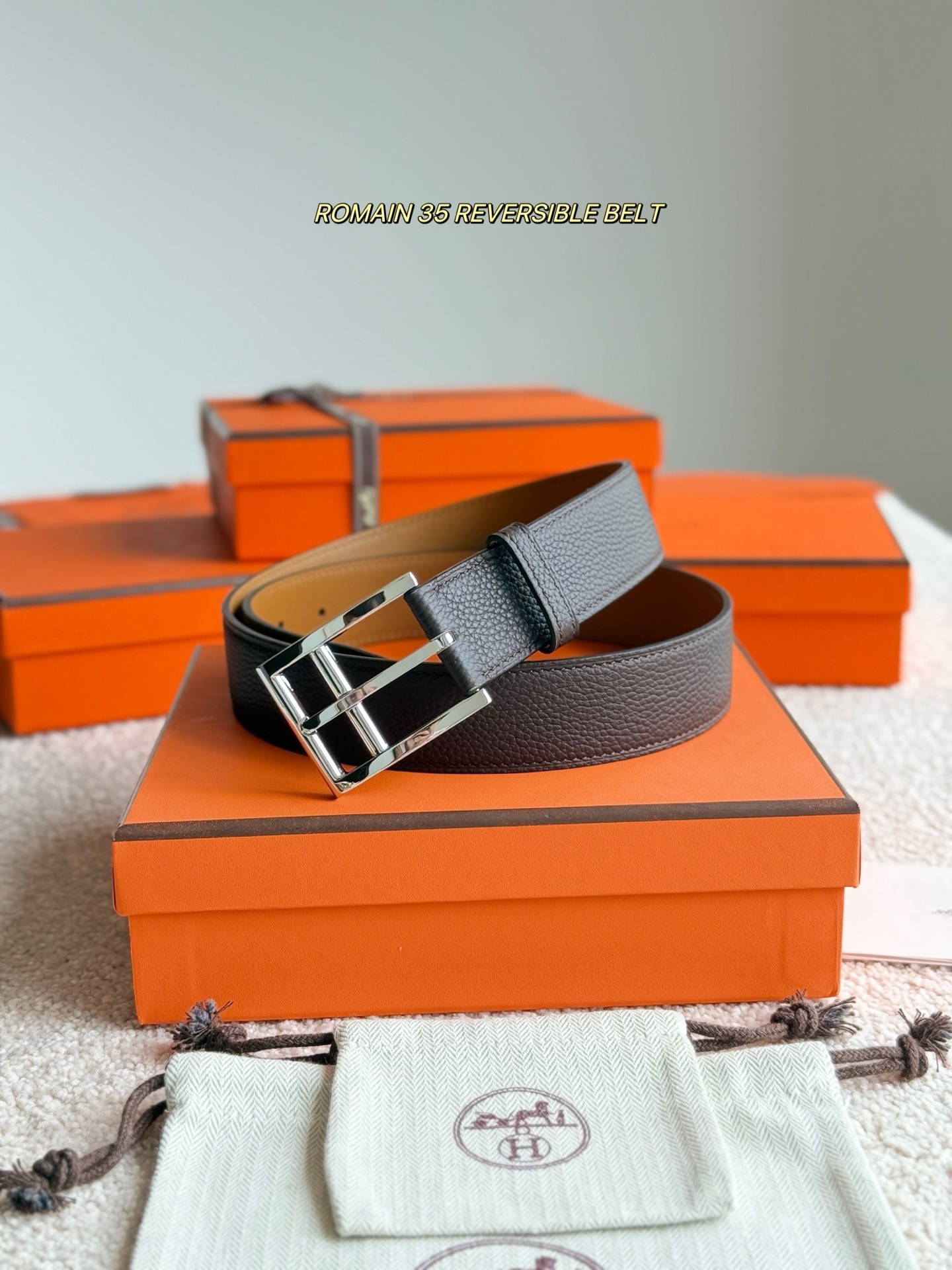 Hermes Romain 35 Reversible Leather Belt with Silver Buckle
