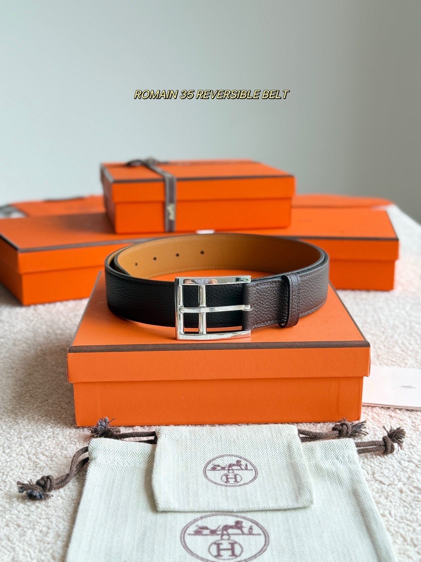 Hermes Romain 35 Reversible Leather Belt with Silver Buckle