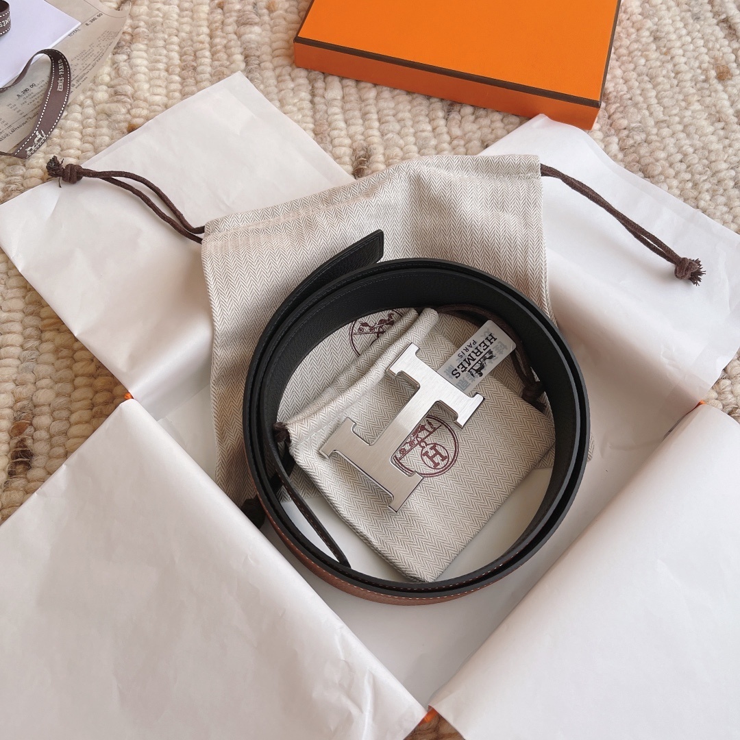 Premium Reversible Leather Belt with Brushed Silver H Buckle