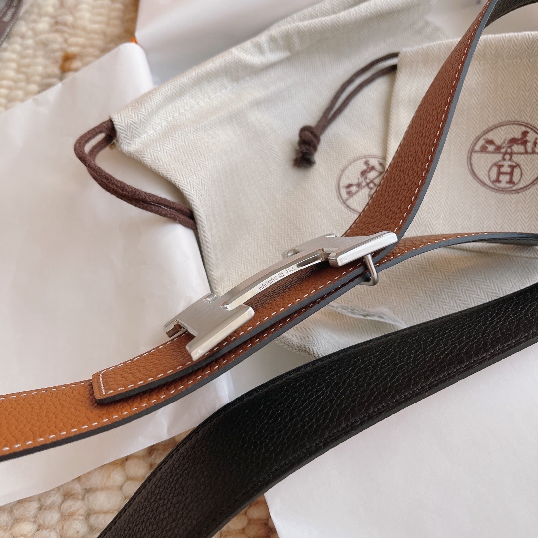 Premium Reversible Leather Belt with Brushed Silver H Buckle