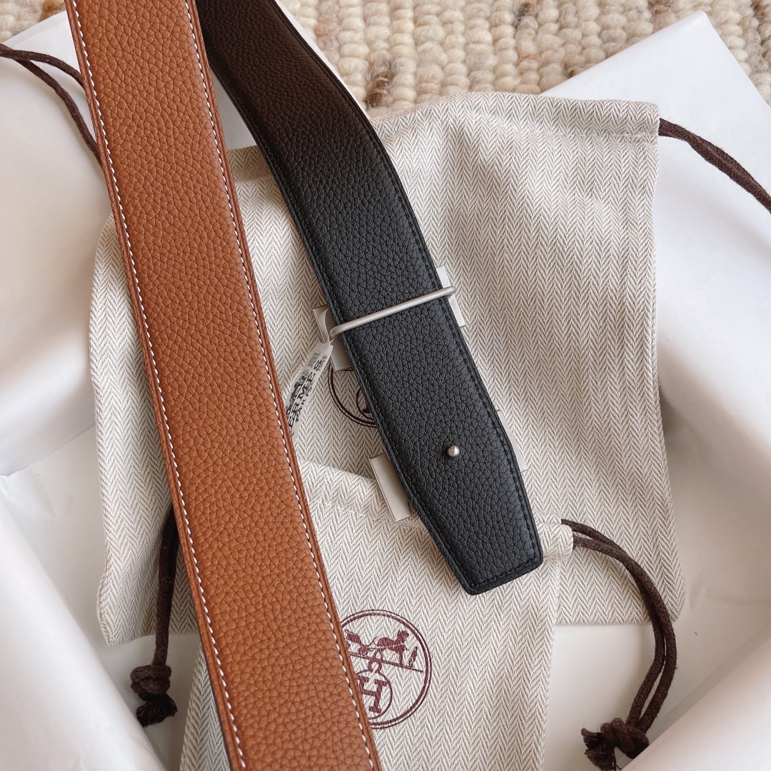 Premium Reversible Leather Belt with Brushed Silver H Buckle