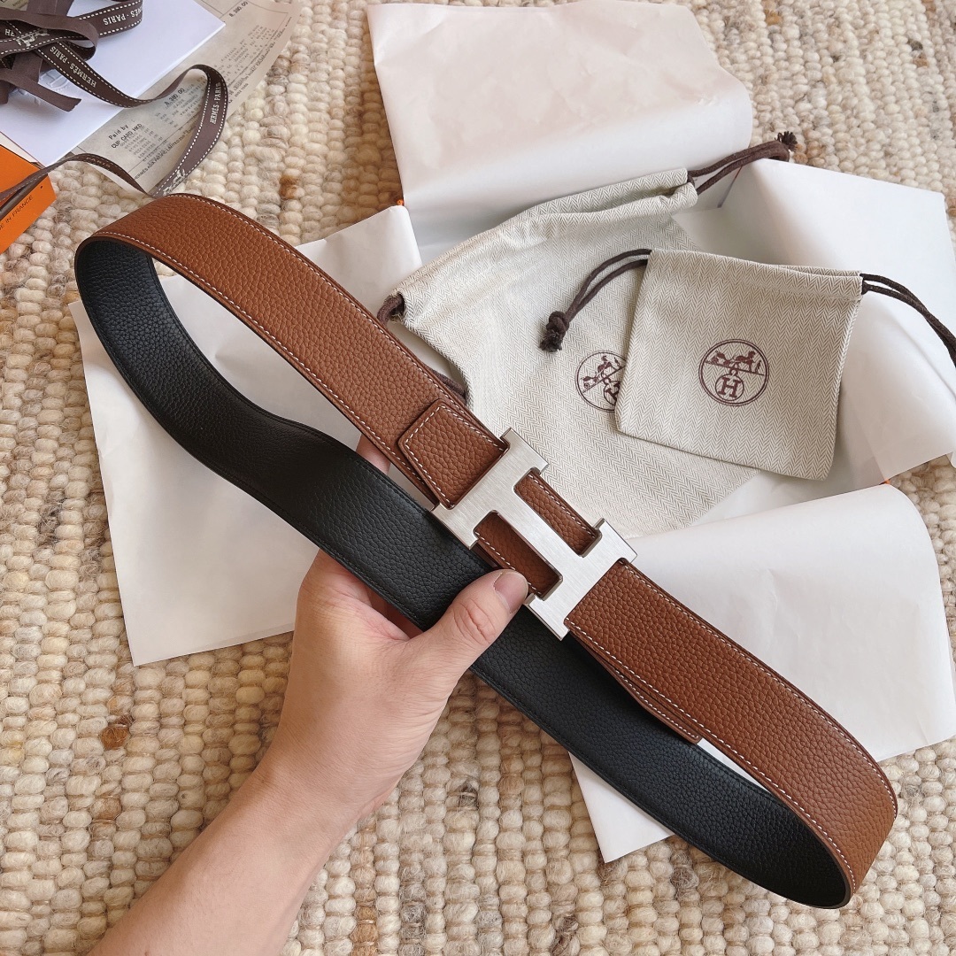 Premium Reversible Leather Belt with Brushed Silver H Buckle