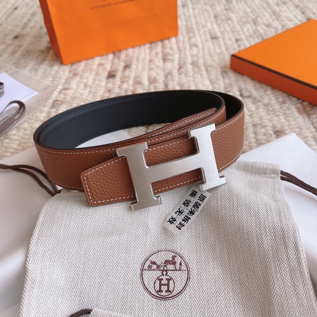 Premium Reversible Leather Belt with Brushed Silver H Buckle