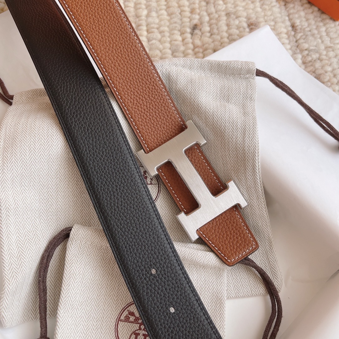 Premium Reversible Leather Belt with Brushed Silver H Buckle