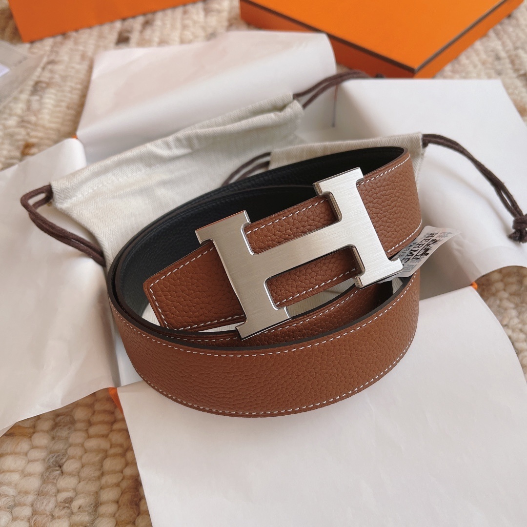 Premium Reversible Leather Belt with Brushed Silver H Buckle