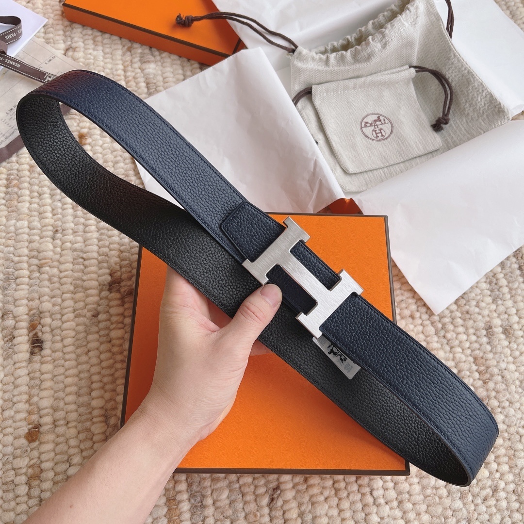 Luxury Hermès Blue Grained Leather Belt with Silver H Buckle