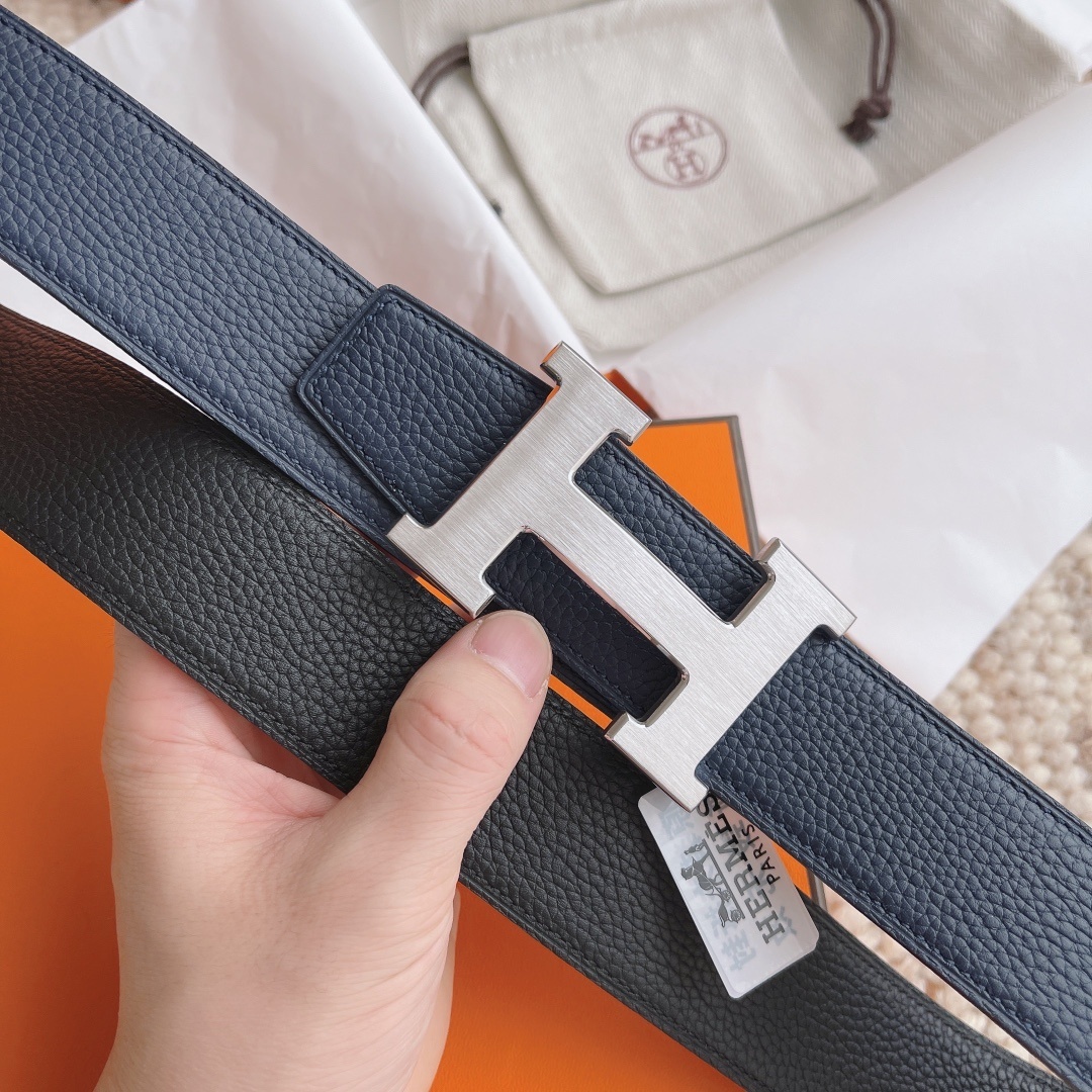 Luxury Hermès Blue Grained Leather Belt with Silver H Buckle
