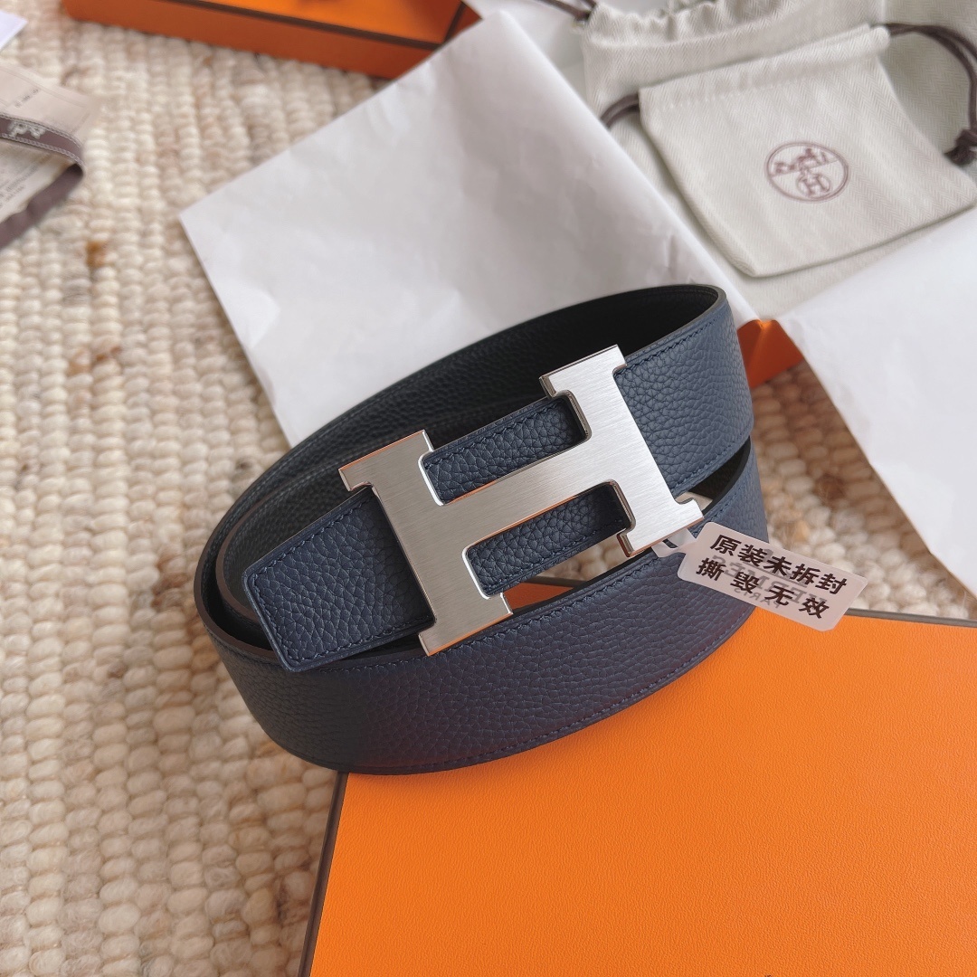 Luxury Hermès Blue Grained Leather Belt with Silver H Buckle