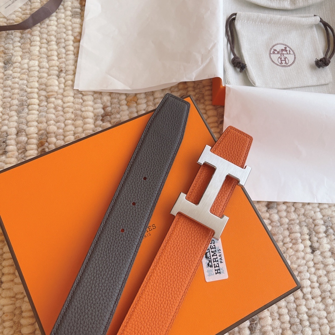Premium Reversible H Buckle Leather Belt - Orange & Black