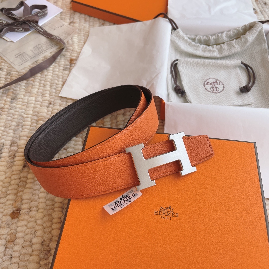 Premium Reversible H Buckle Leather Belt - Orange & Black
